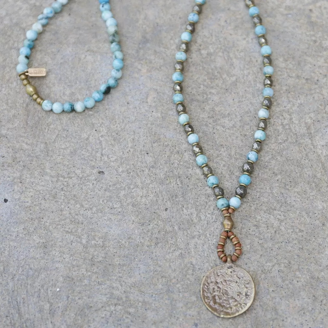 Hemimorphite and Pyrite 'Communication and Strength' Mala Necklace