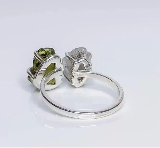 Herkimer Diamond 925 Sterling Silver Ring, Peridot Rough Handmade Jewelry, Multi stone Ring, Gift for Her