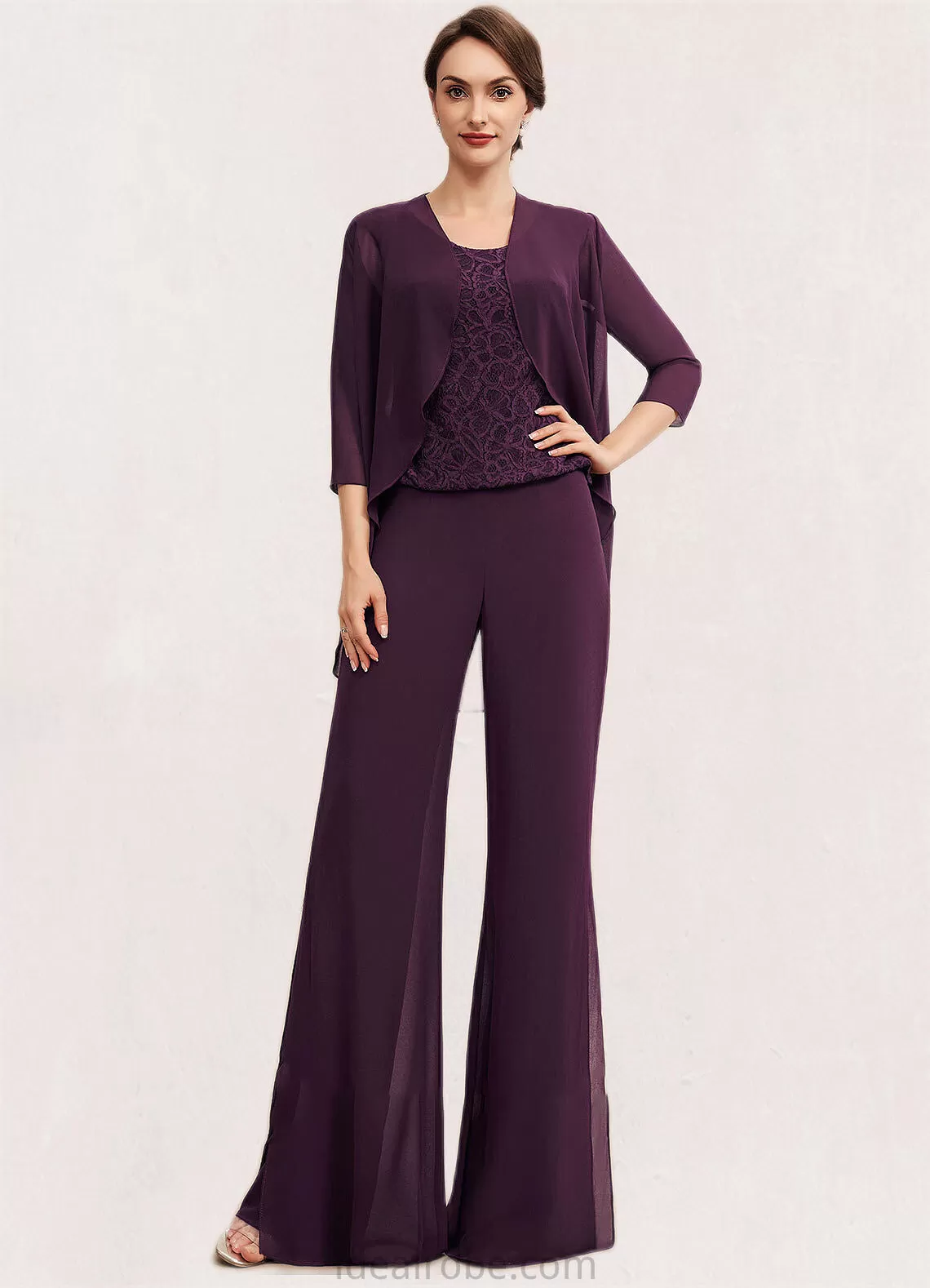 Hilda Jumpsuit/Pantsuit Scoop Neck Floor-Length Chiffon Lace Mother of the Bride Dress STK126P0014722