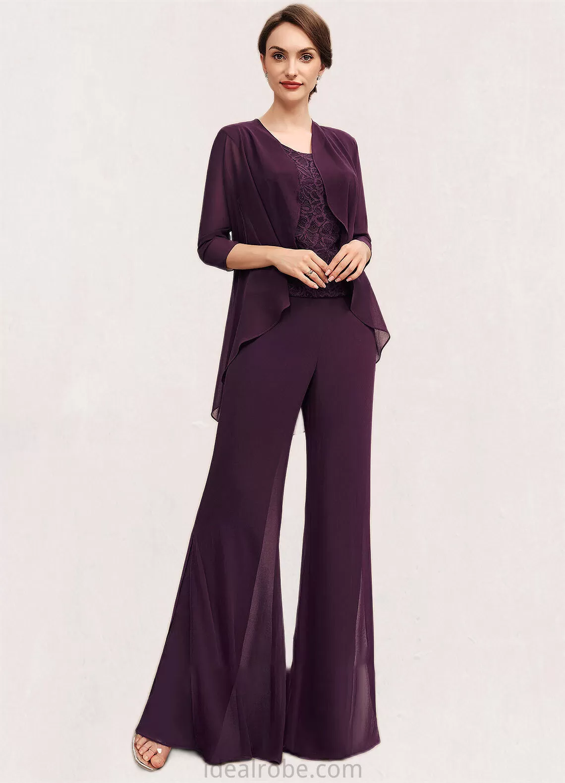 Hilda Jumpsuit/Pantsuit Scoop Neck Floor-Length Chiffon Lace Mother of the Bride Dress STK126P0014722