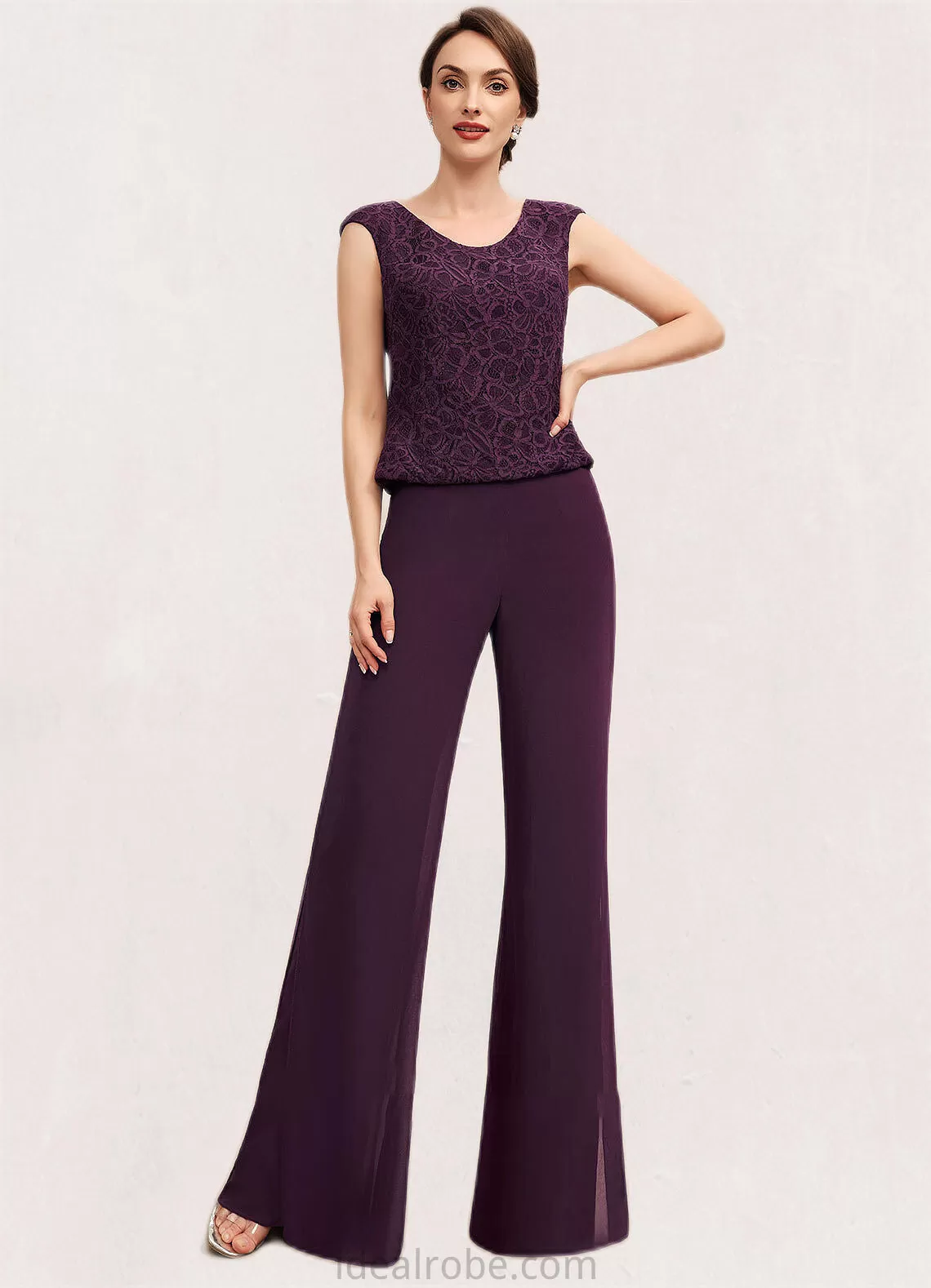 Hilda Jumpsuit/Pantsuit Scoop Neck Floor-Length Chiffon Lace Mother of the Bride Dress STK126P0014722