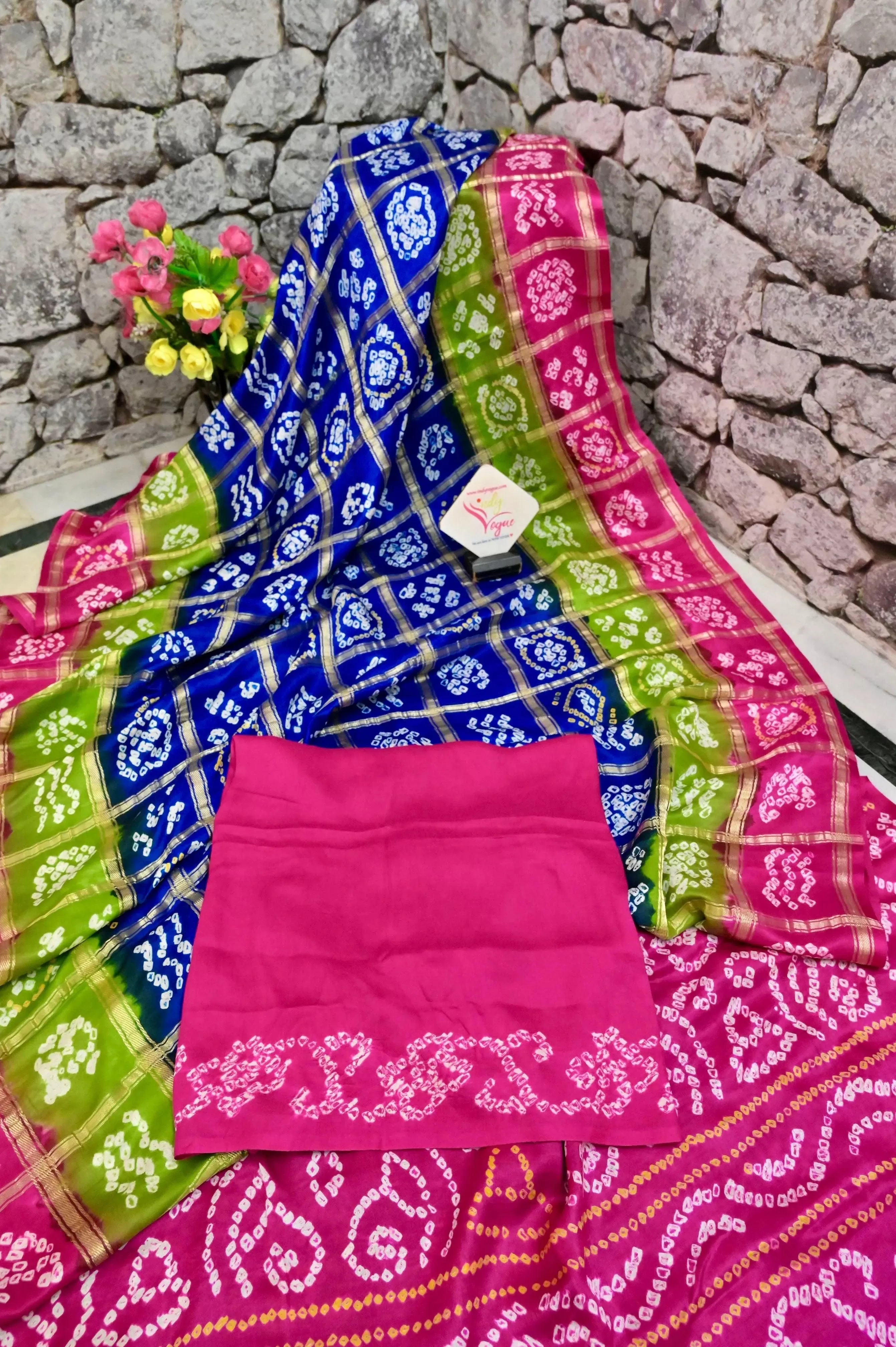 Indigo Blue Color and Magenta and Color Ghazi Silk Gharchola with Hand Bandhani Work