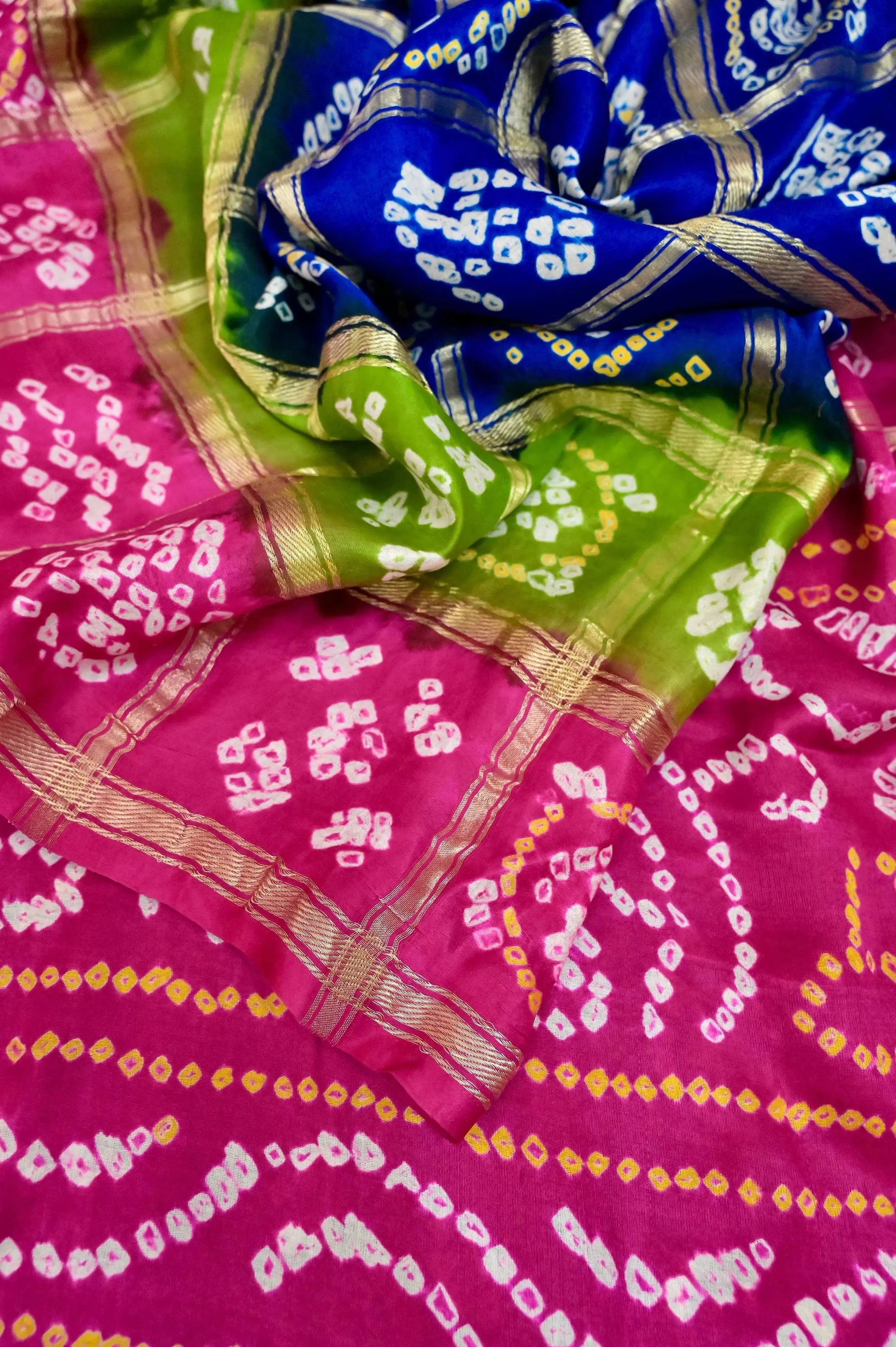 Indigo Blue Color and Magenta and Color Ghazi Silk Gharchola with Hand Bandhani Work