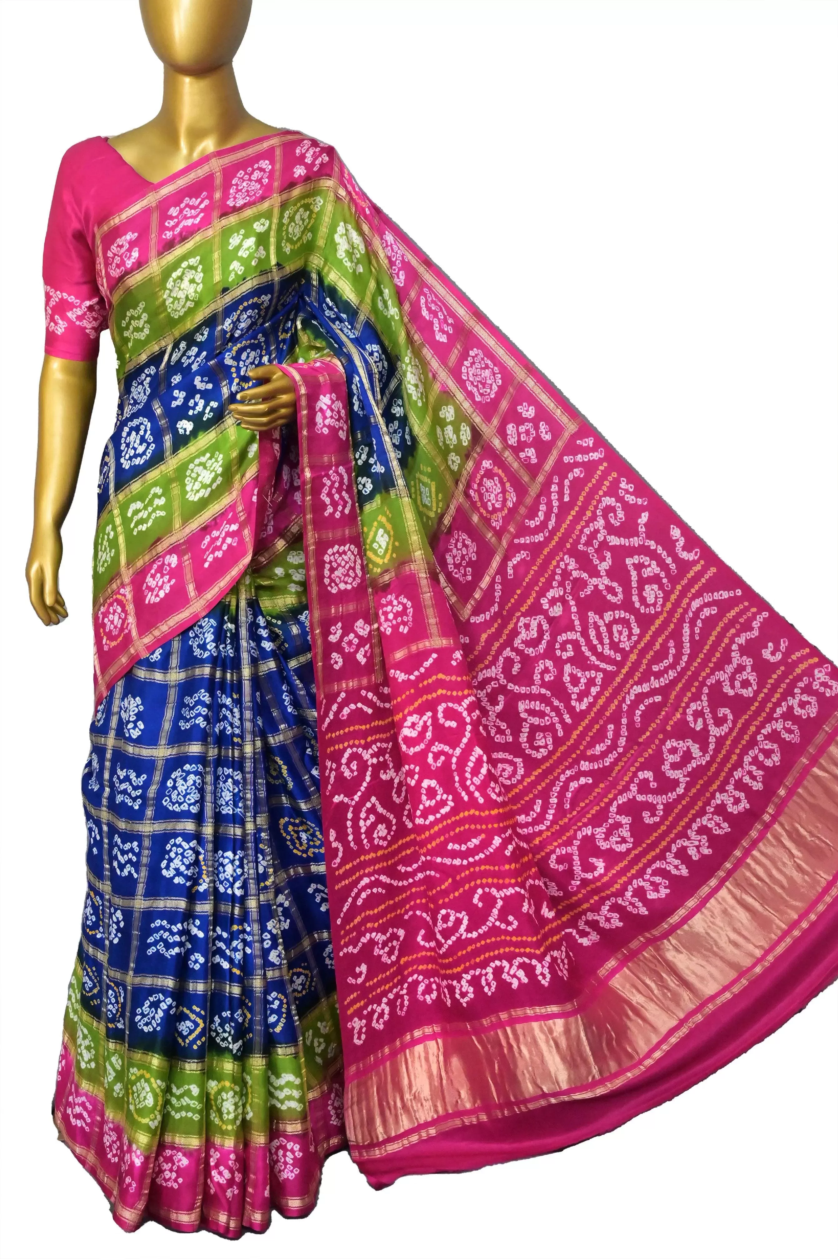 Indigo Blue Color and Magenta and Color Ghazi Silk Gharchola with Hand Bandhani Work