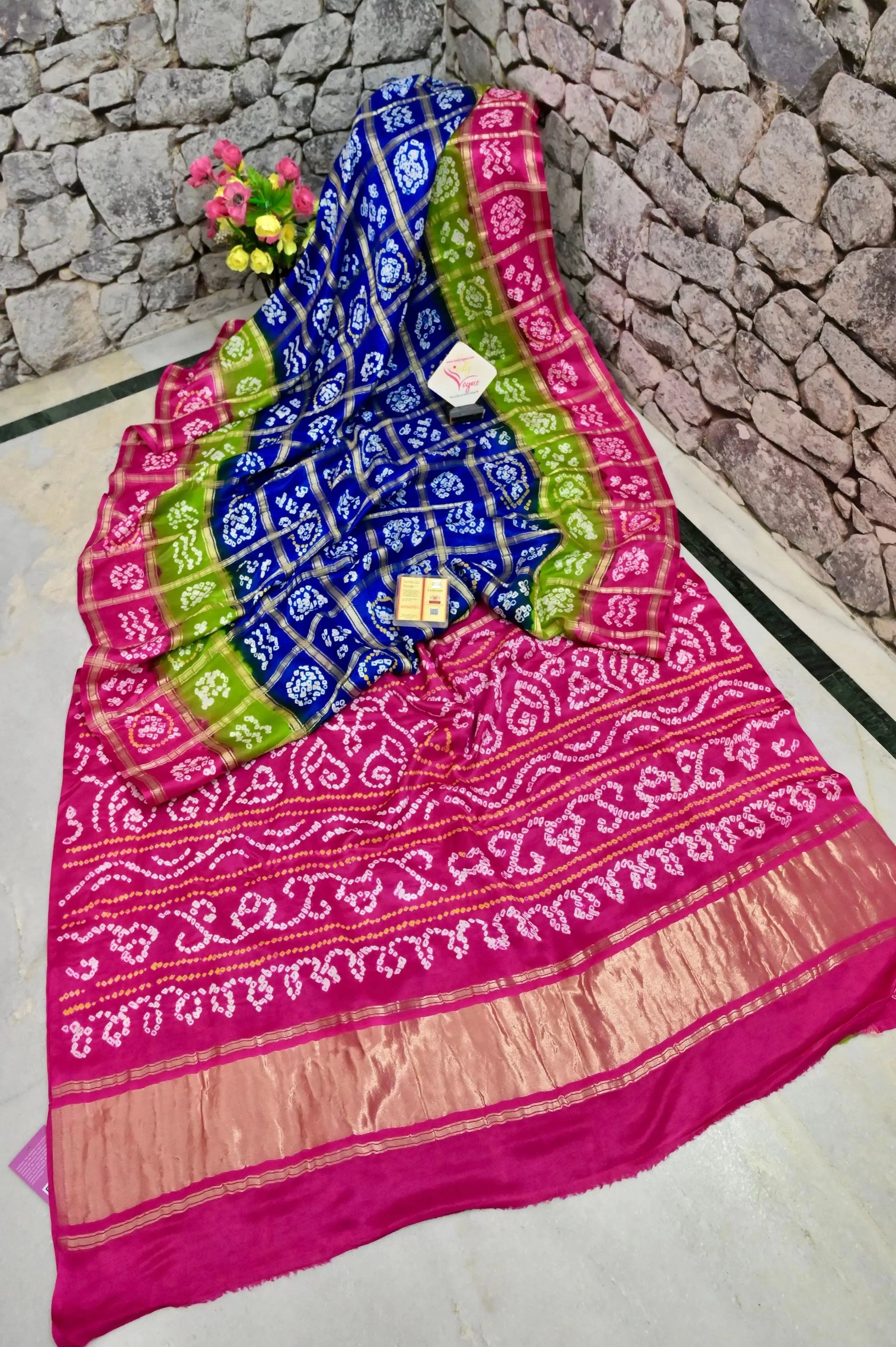 Indigo Blue Color and Magenta and Color Ghazi Silk Gharchola with Hand Bandhani Work