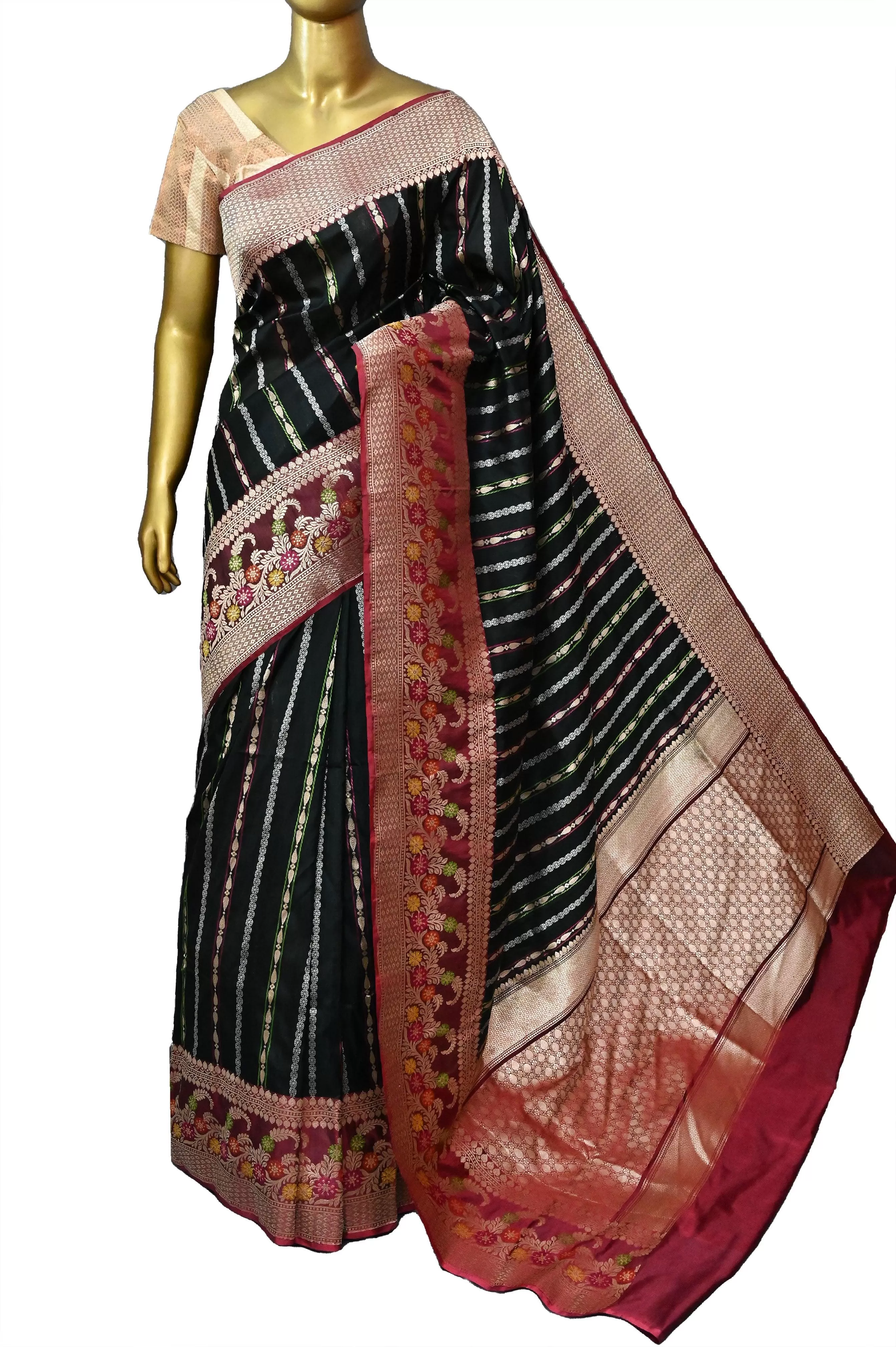 Jet Black Color Pure Katan Banarasi with Allover Silver and Golden Zari Weave and Meenakari Work