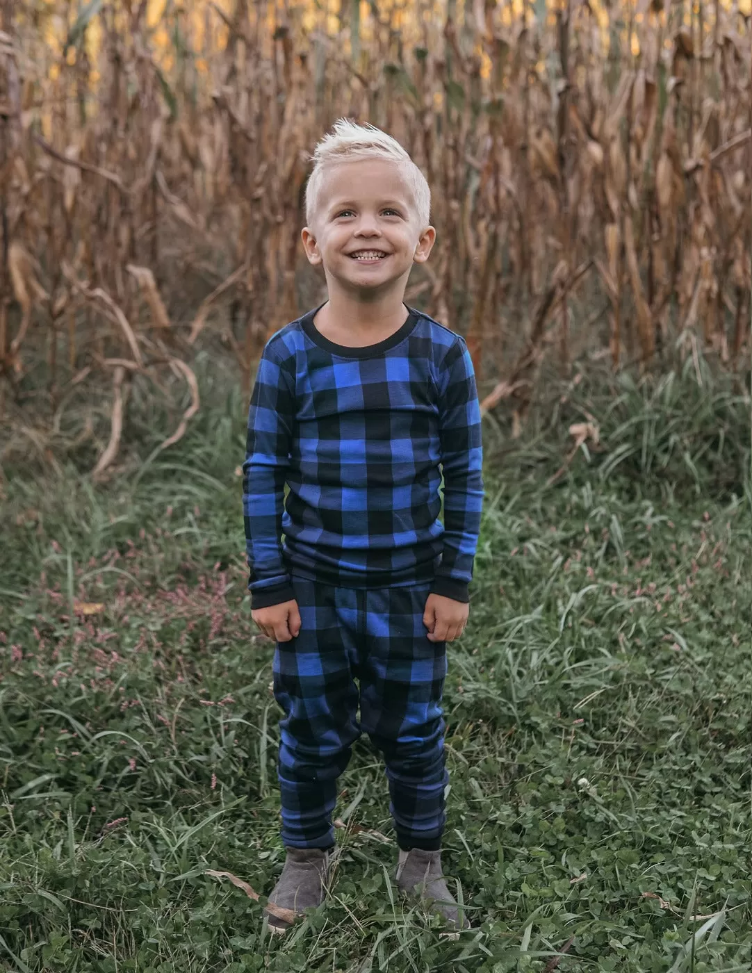 Kids Black & Navy Plaid Pajamas