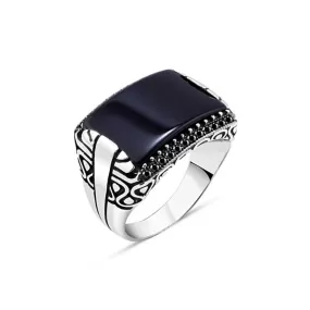 Lank Rectangular Black Onyx Stone with Zircons Silver Men’s Ring Siding Split Wakanda Pattern