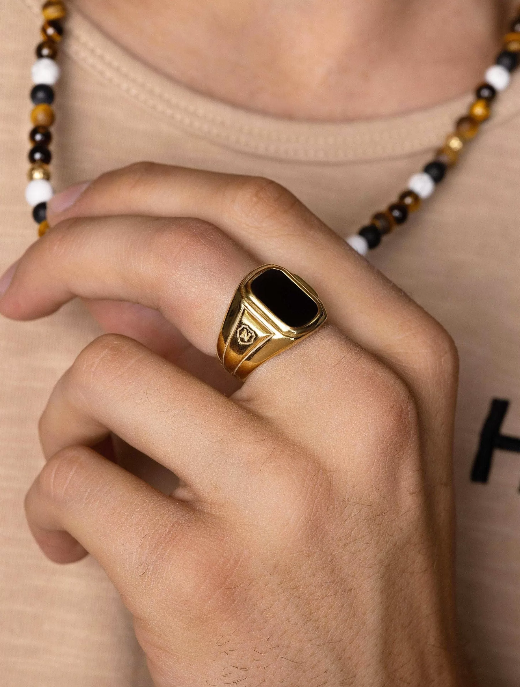 Men's Oblong Gold Plated Signet Ring with Onyx