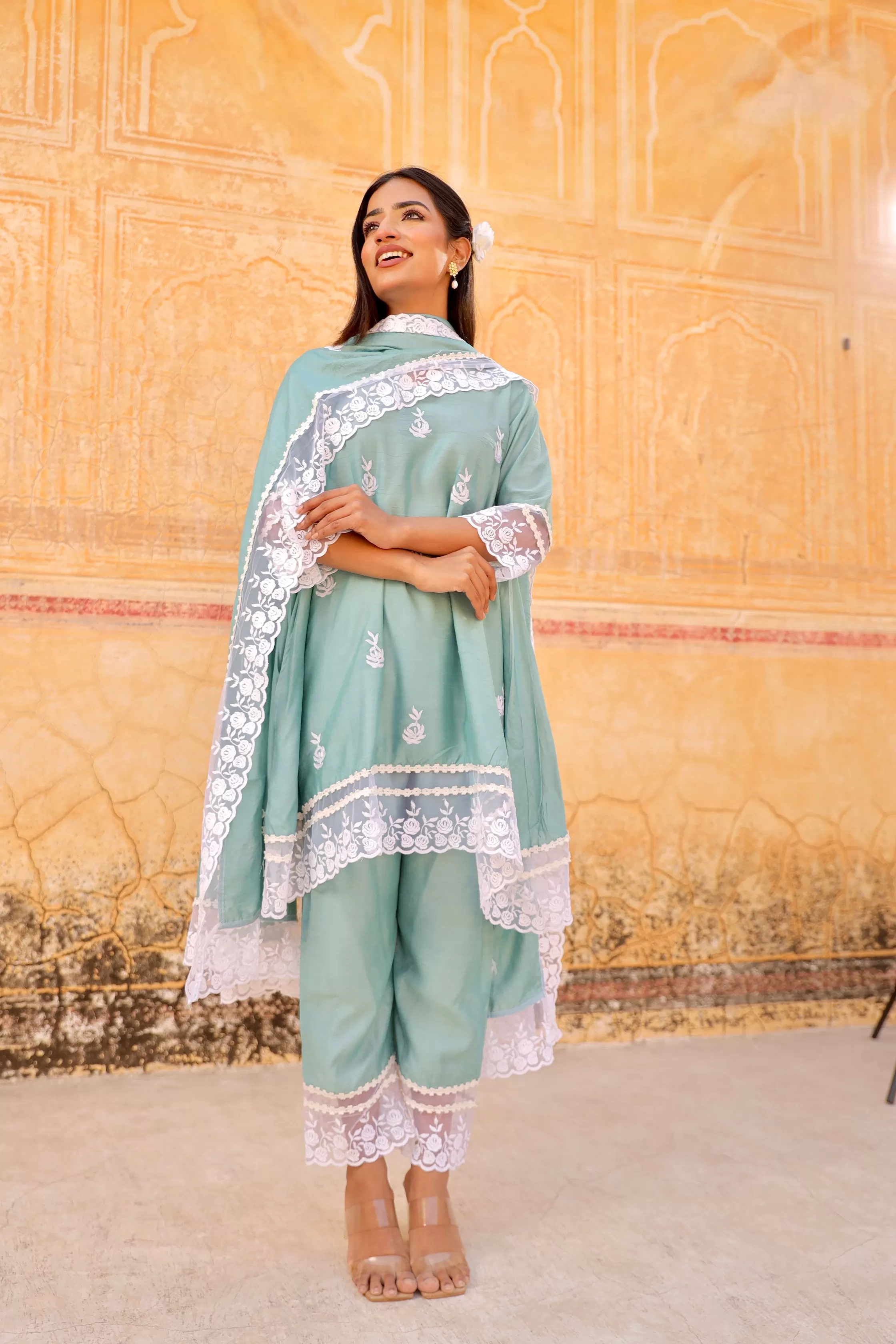 Mint Aari Embroidery lace detailing A-line set