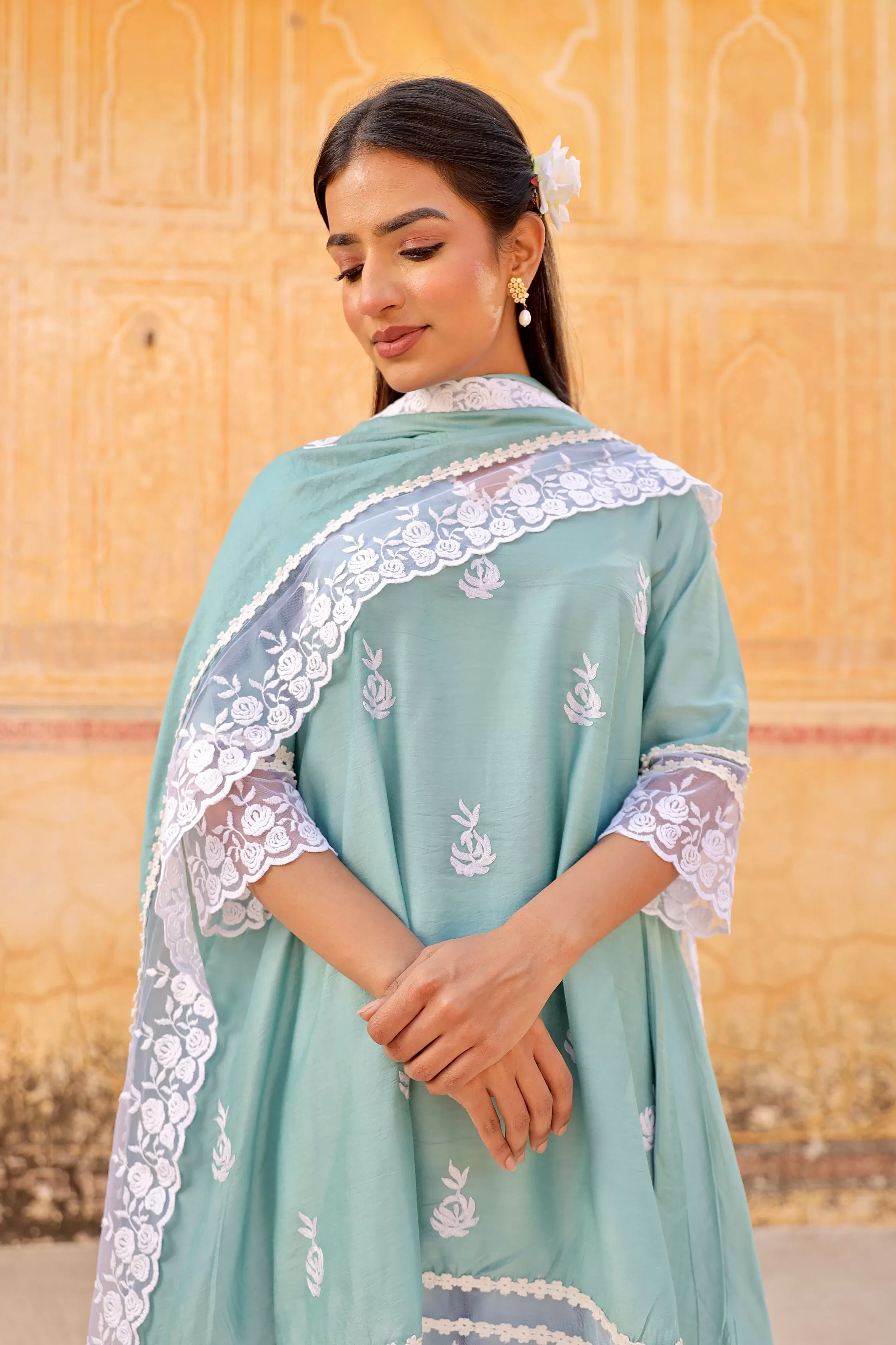 Mint Aari Embroidery lace detailing A-line set