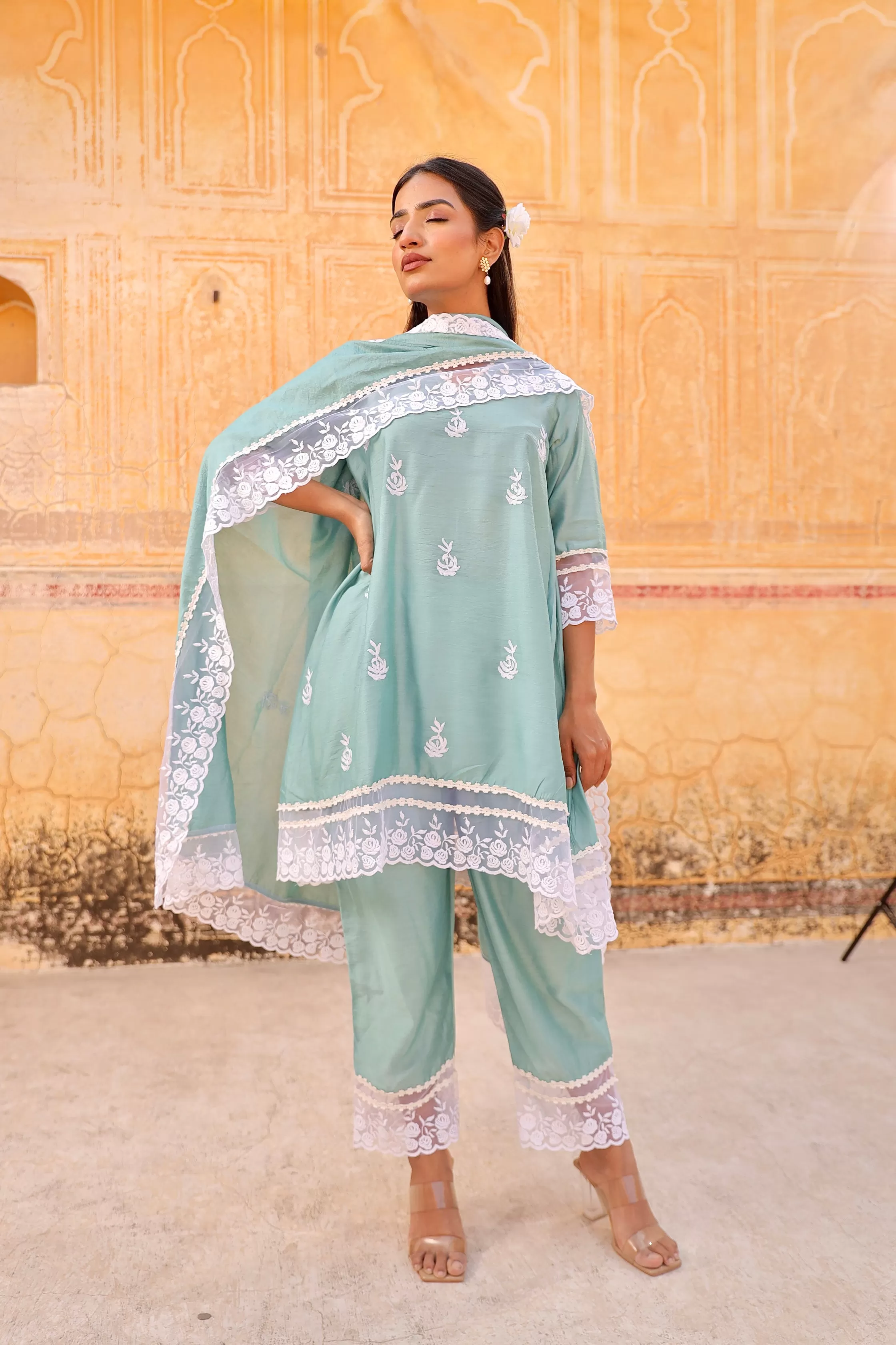 Mint Aari Embroidery lace detailing A-line set