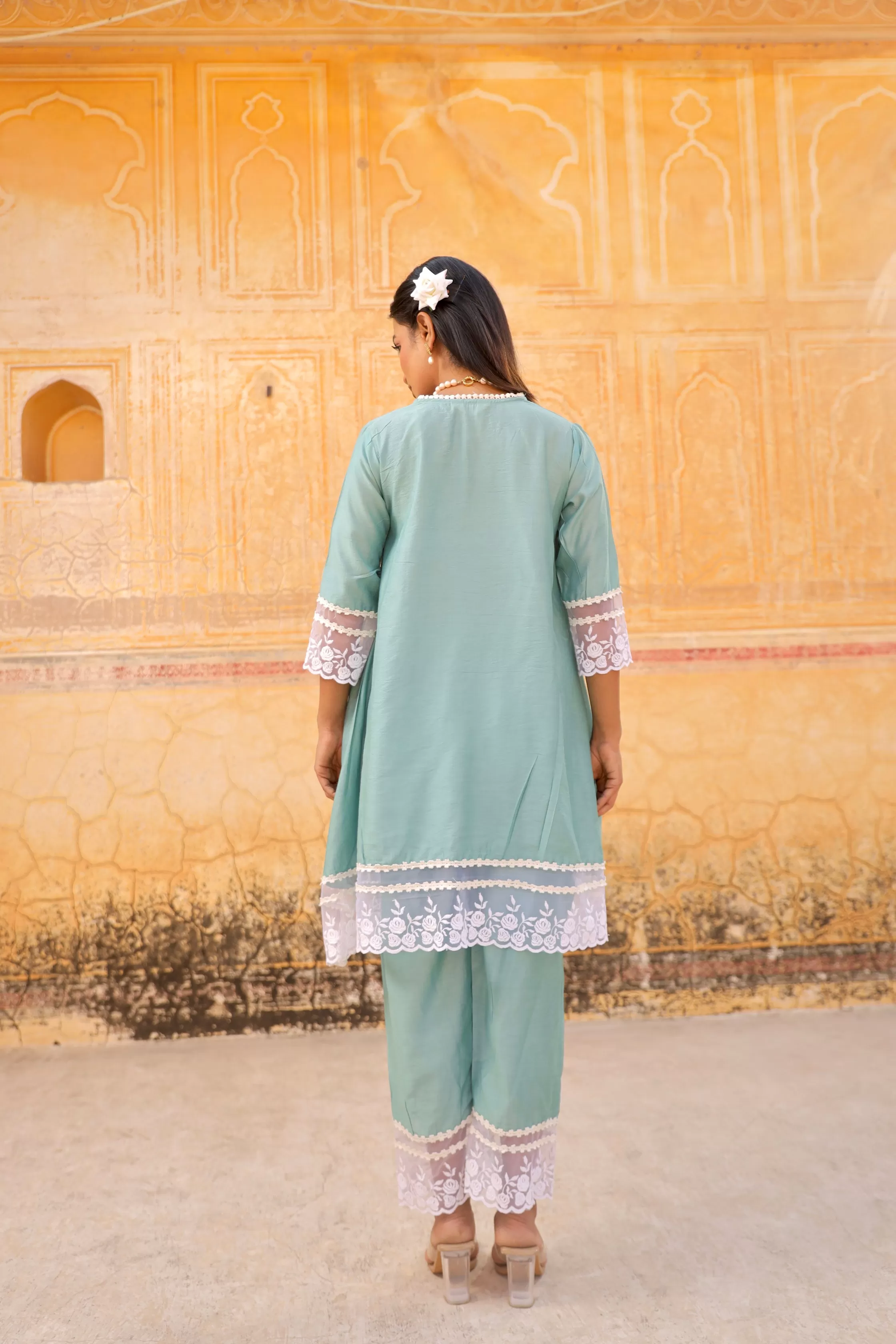 Mint Aari Embroidery lace detailing A-line set