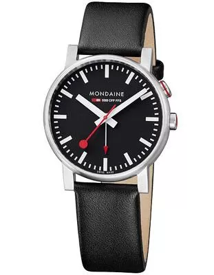 Mondaine Mens EVO Alarm - Black Dial and Leather Strap - Brushed Stainless Case