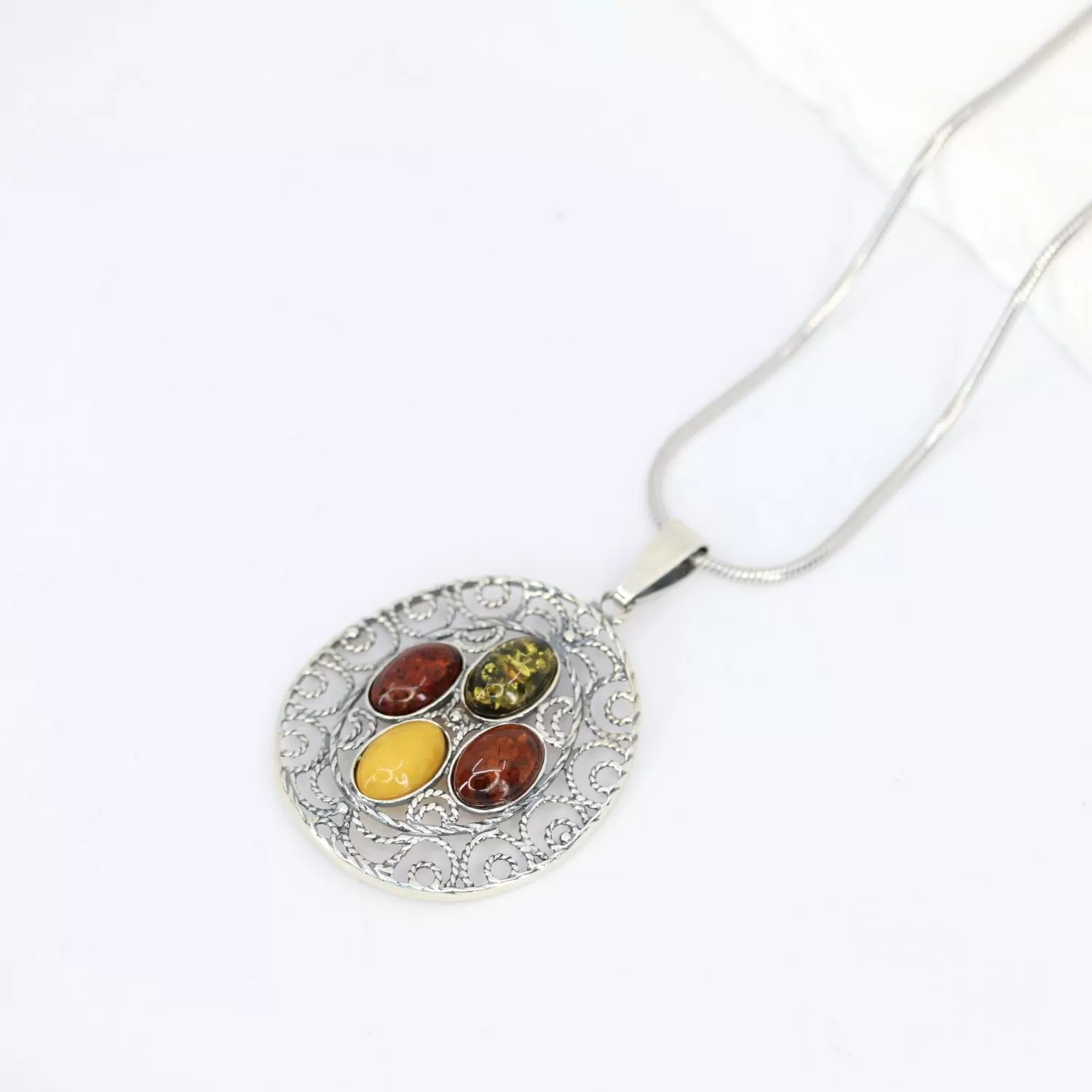 Multi-Color Amber Swirl Detail Medallion in Sterling Silver