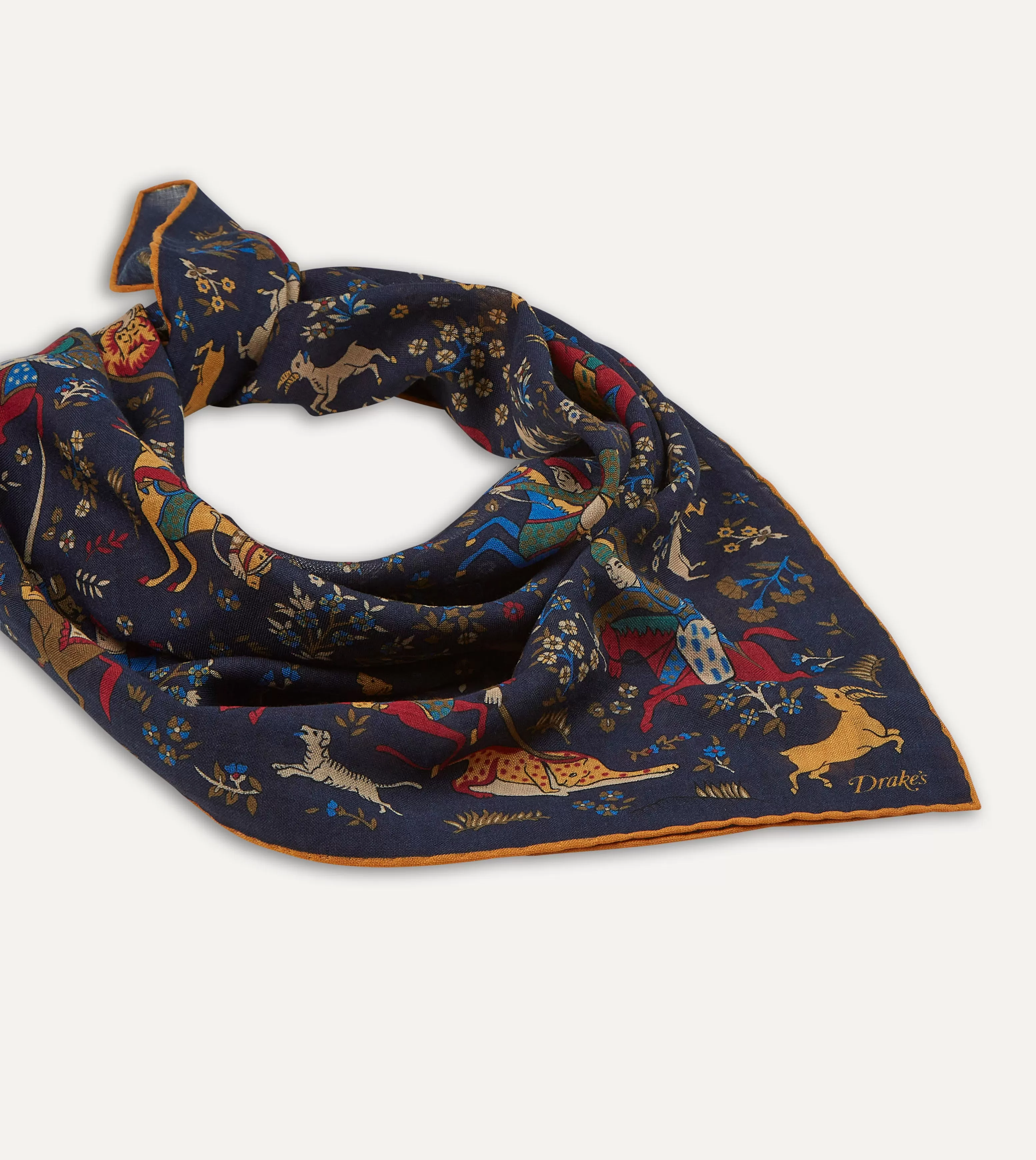 Navy Mughal Print Wool-Silk Square Scarf