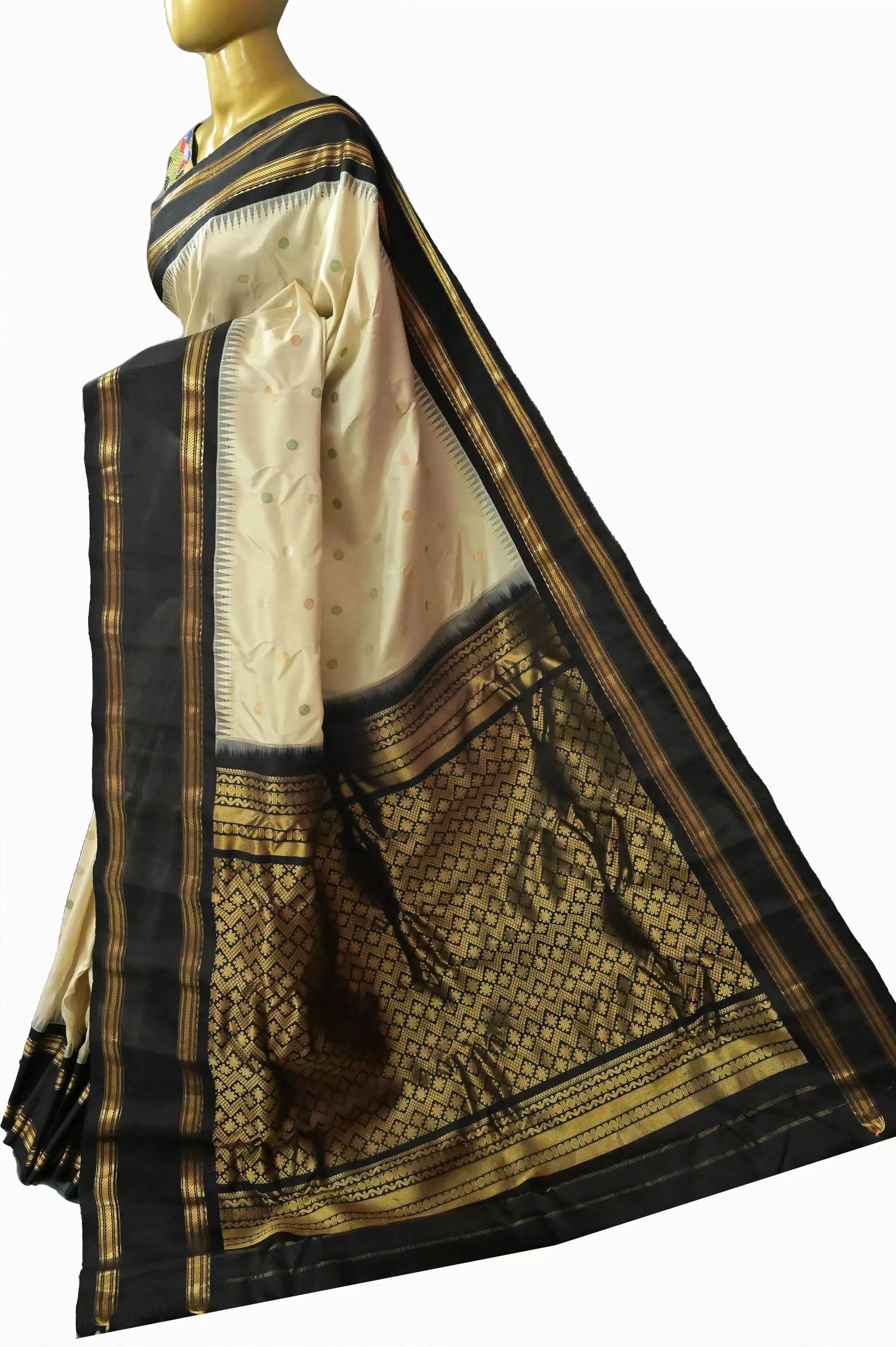 Offwhite and Black Color Pure Gadwal Silk Saree with Silver and Golden Zari Butta Work