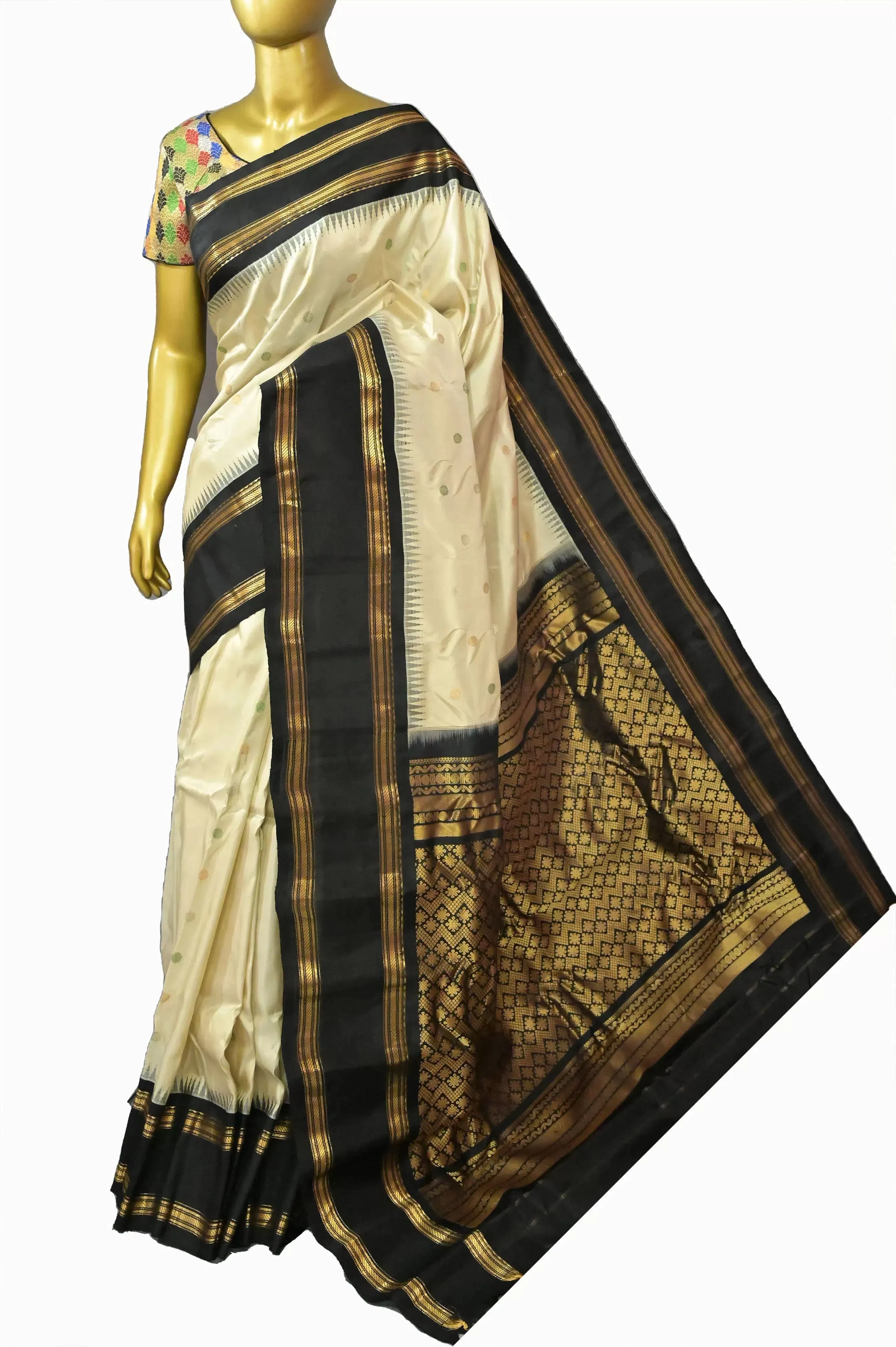 Offwhite and Black Color Pure Gadwal Silk Saree with Silver and Golden Zari Butta Work