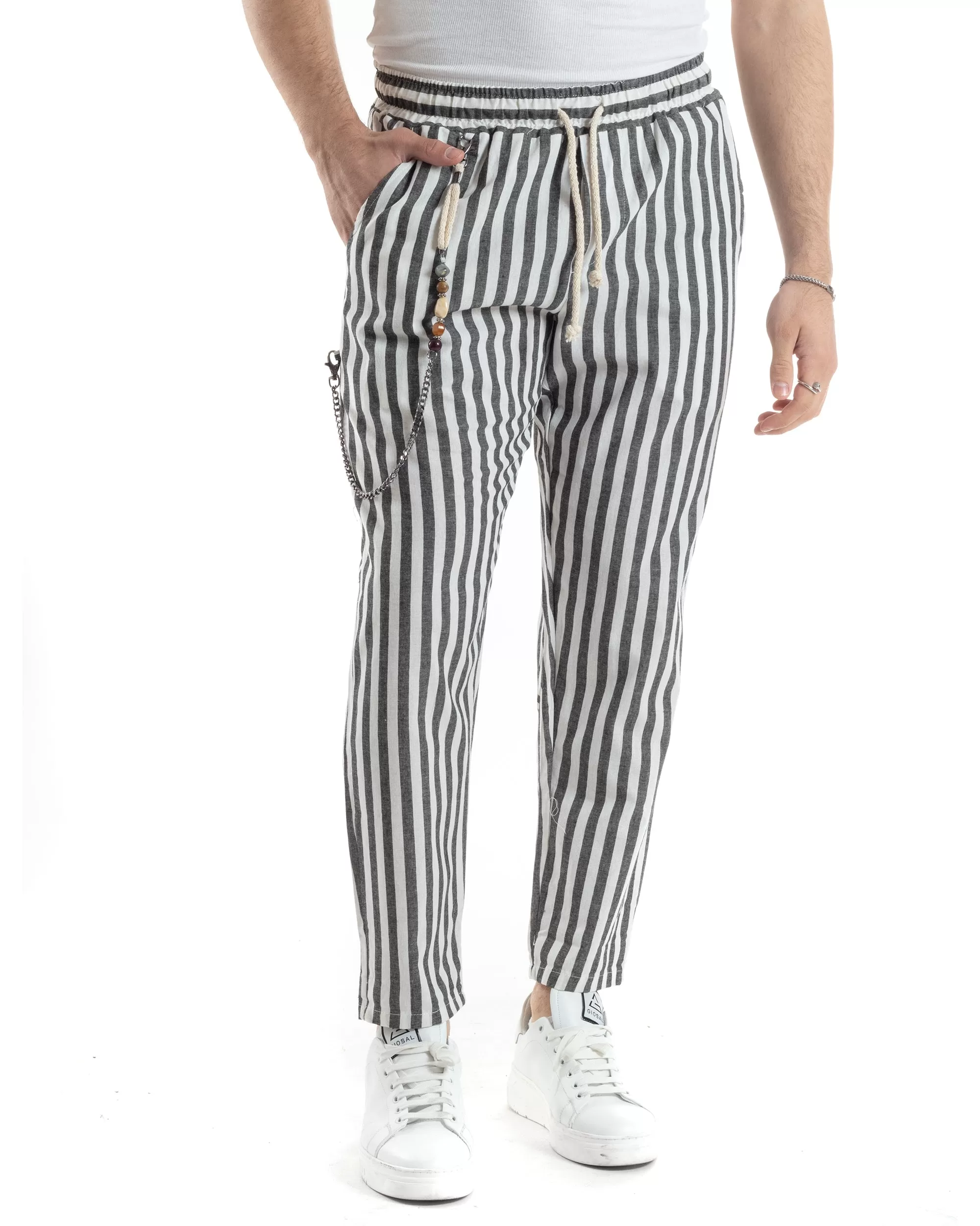 Pantaloni Uomo Pantalaccio Lino Jogger Elastico Sartoriale Casual Rigato Bicolore Bianco Nero GIOSAL-P6069A