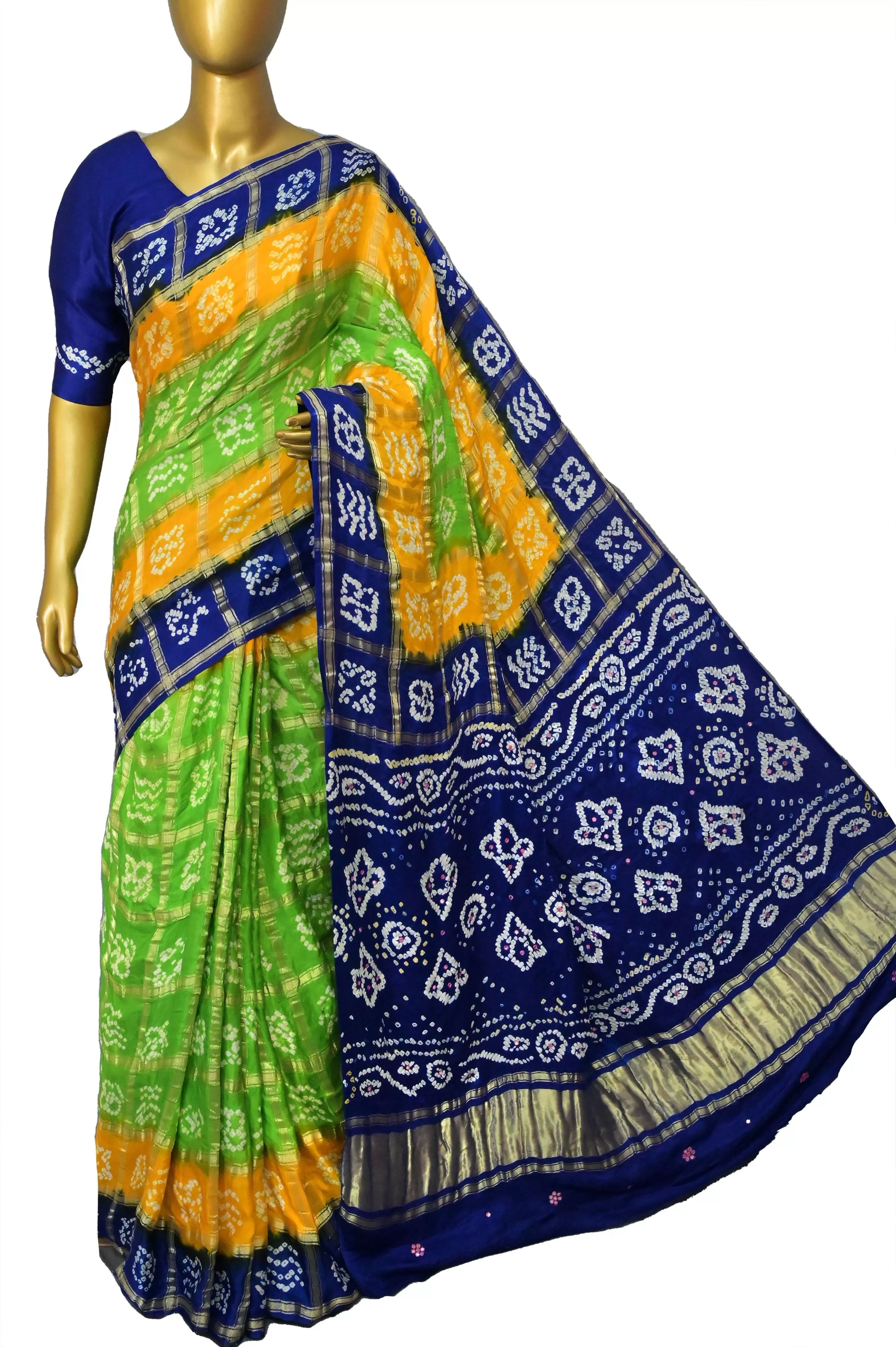 Parrot Green and Blue Color Ghazi Silk Gharchola with Hand Bandhani and Mirror Work