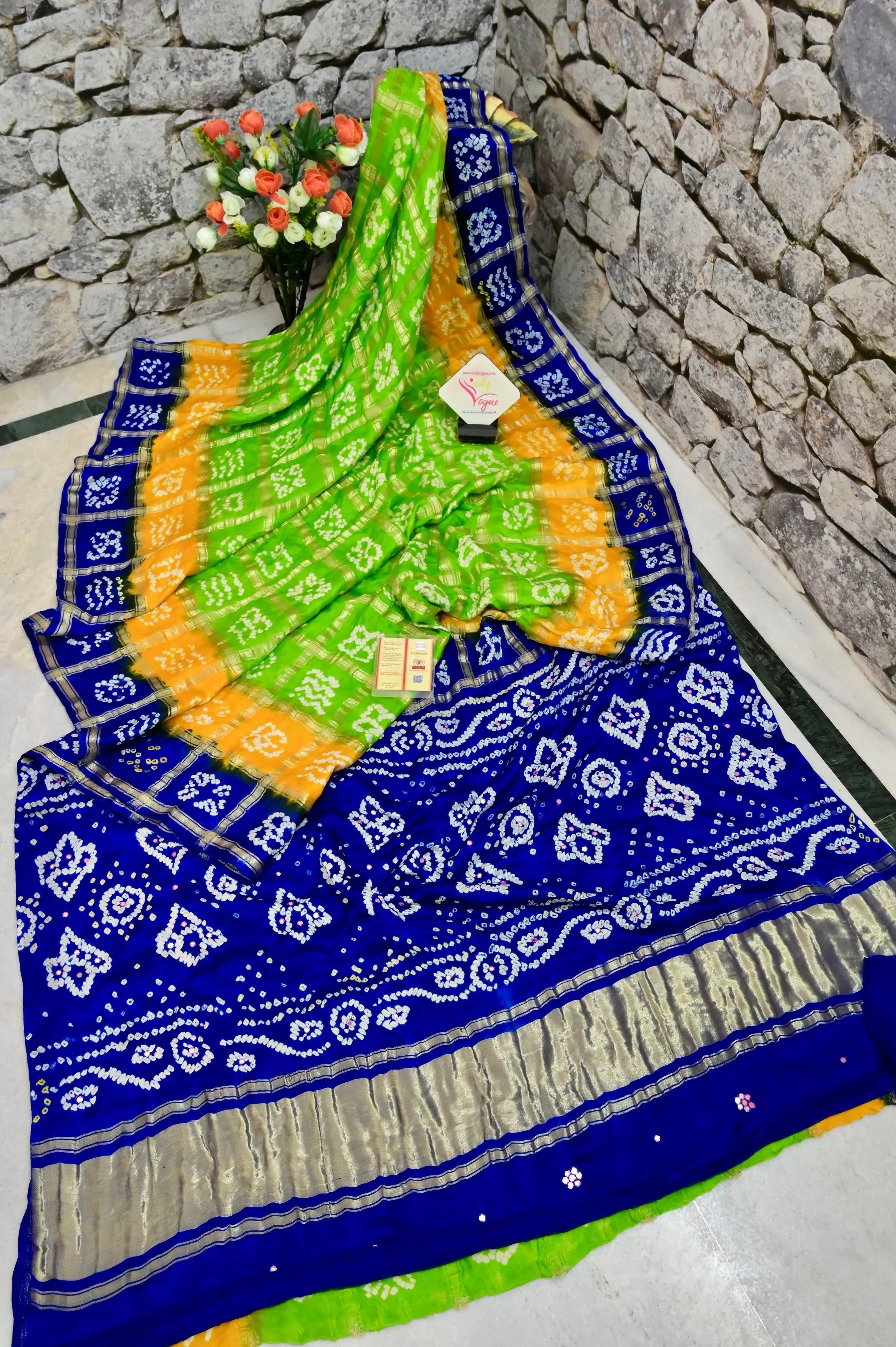 Parrot Green and Blue Color Ghazi Silk Gharchola with Hand Bandhani and Mirror Work