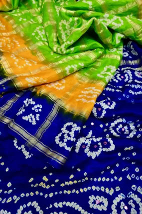 Parrot Green and Blue Color Ghazi Silk Gharchola with Hand Bandhani and Mirror Work