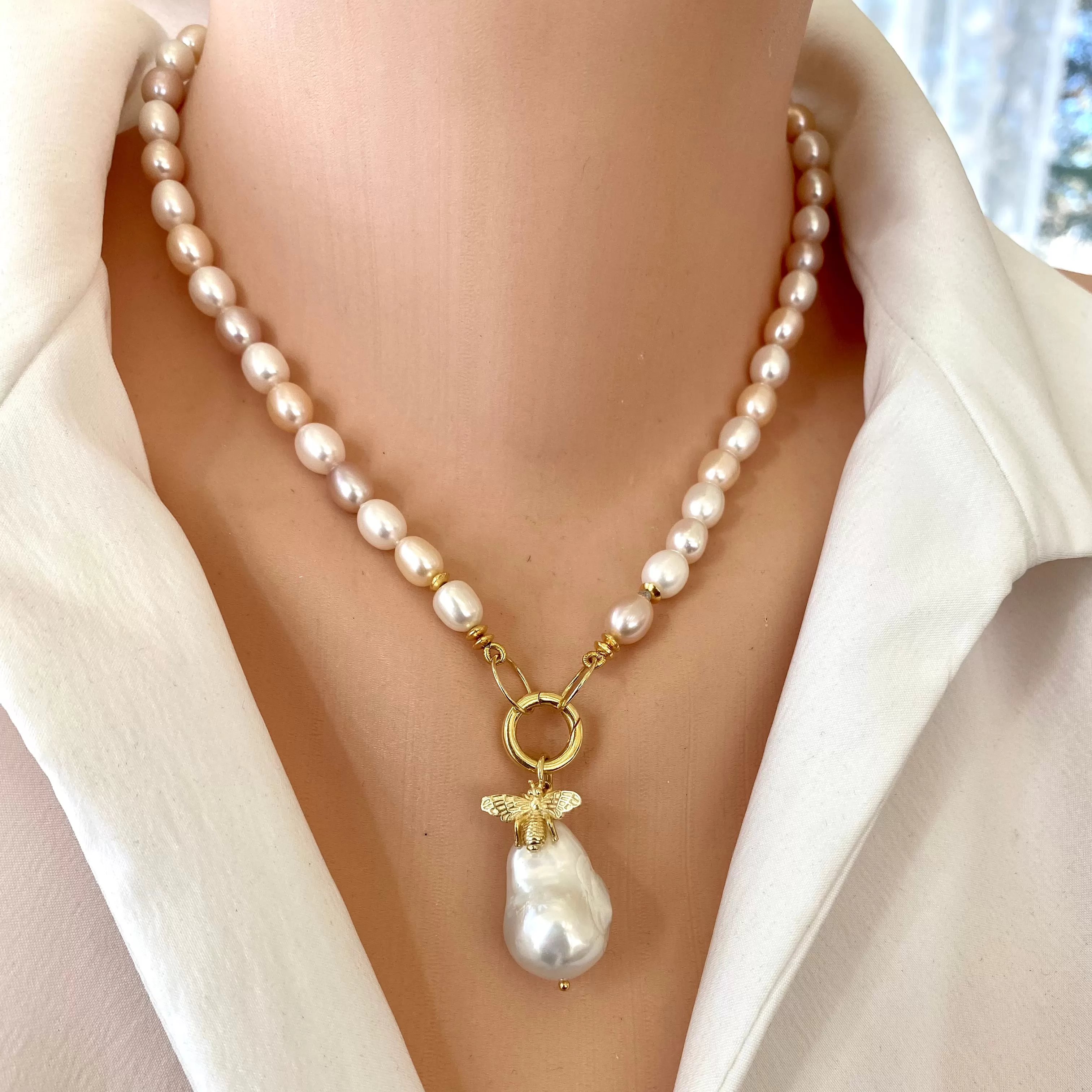 Pastel Pearl Necklace, Gold Vermeil Details, Removable Bee Charm & Baroque Pearl Pendant, 17.5in