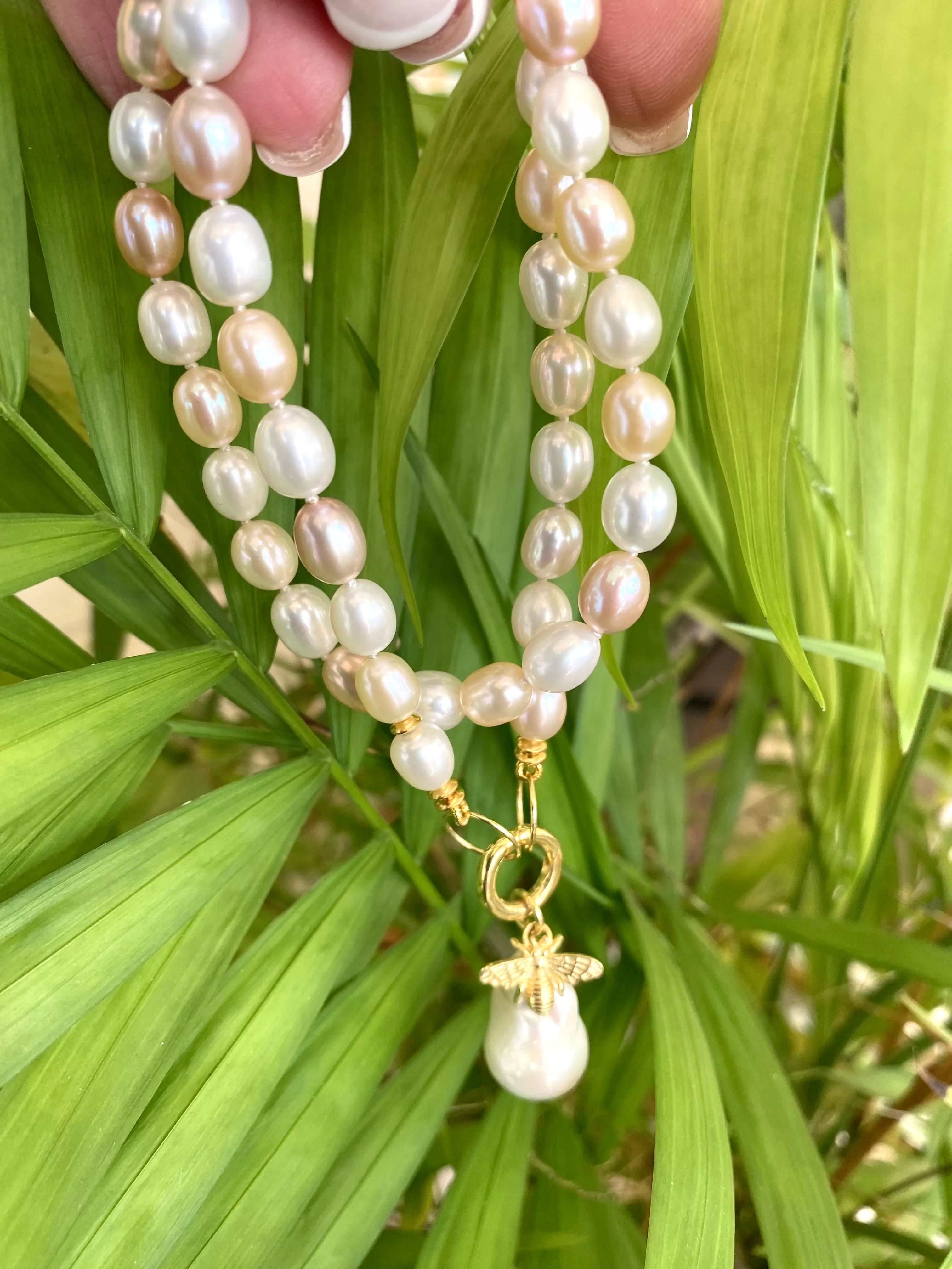 Pastel Pearl Necklace, Gold Vermeil Details, Removable Bee Charm & Baroque Pearl Pendant, 17.5in