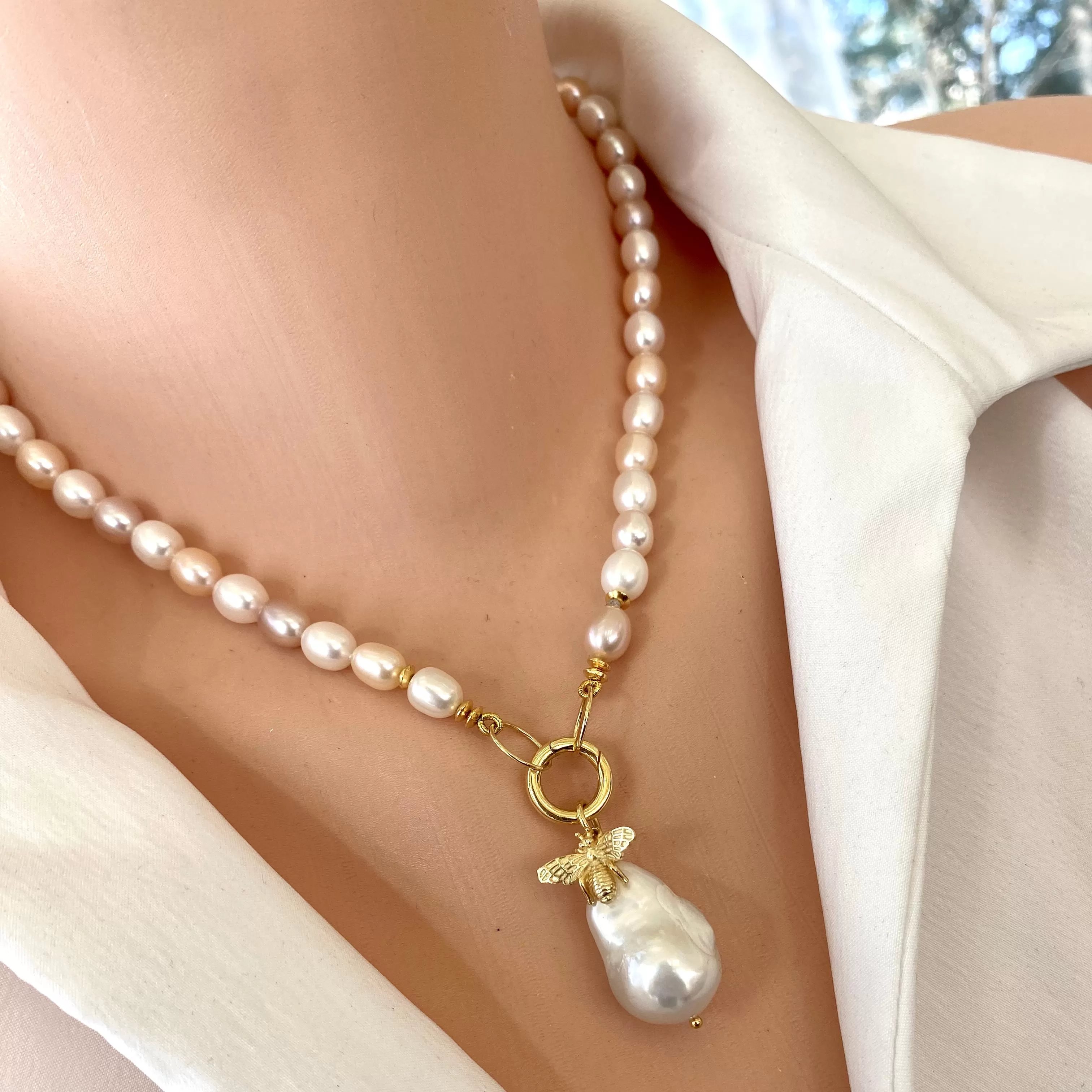 Pastel Pearl Necklace, Gold Vermeil Details, Removable Bee Charm & Baroque Pearl Pendant, 17.5in