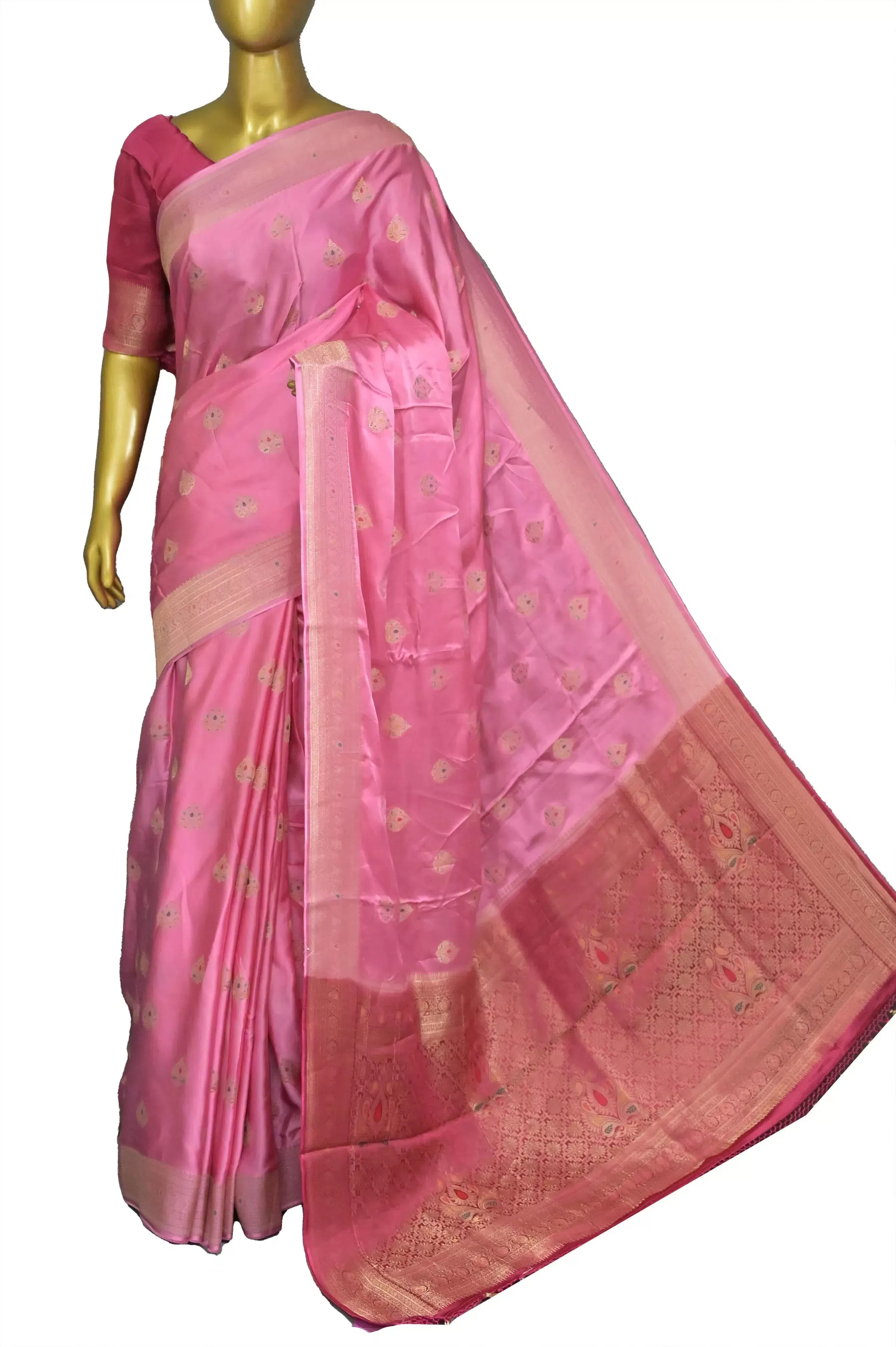 Pink Color Satin Banarasi Saree with Allover Meenakari Buti Work