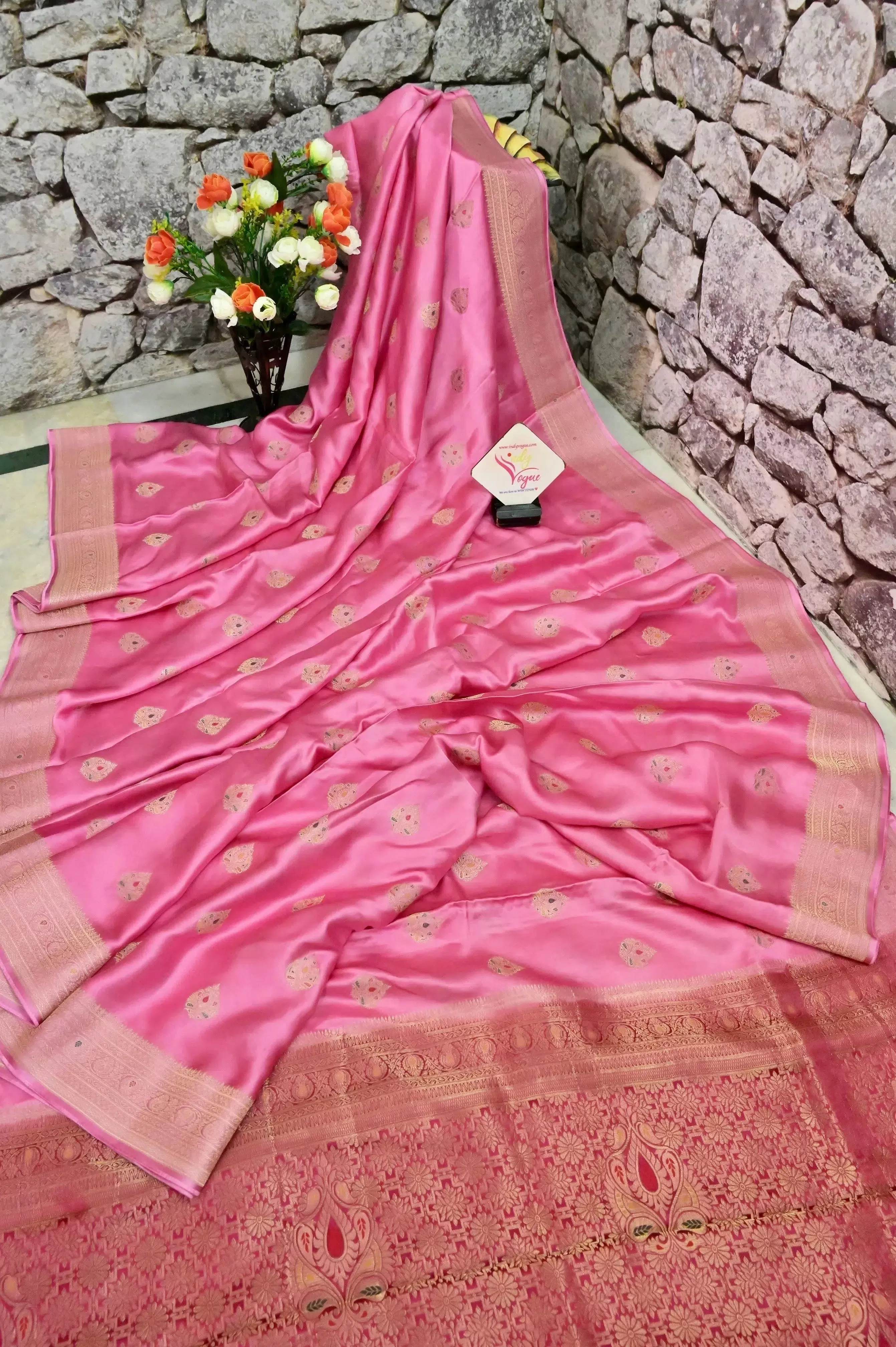 Pink Color Satin Banarasi Saree with Allover Meenakari Buti Work