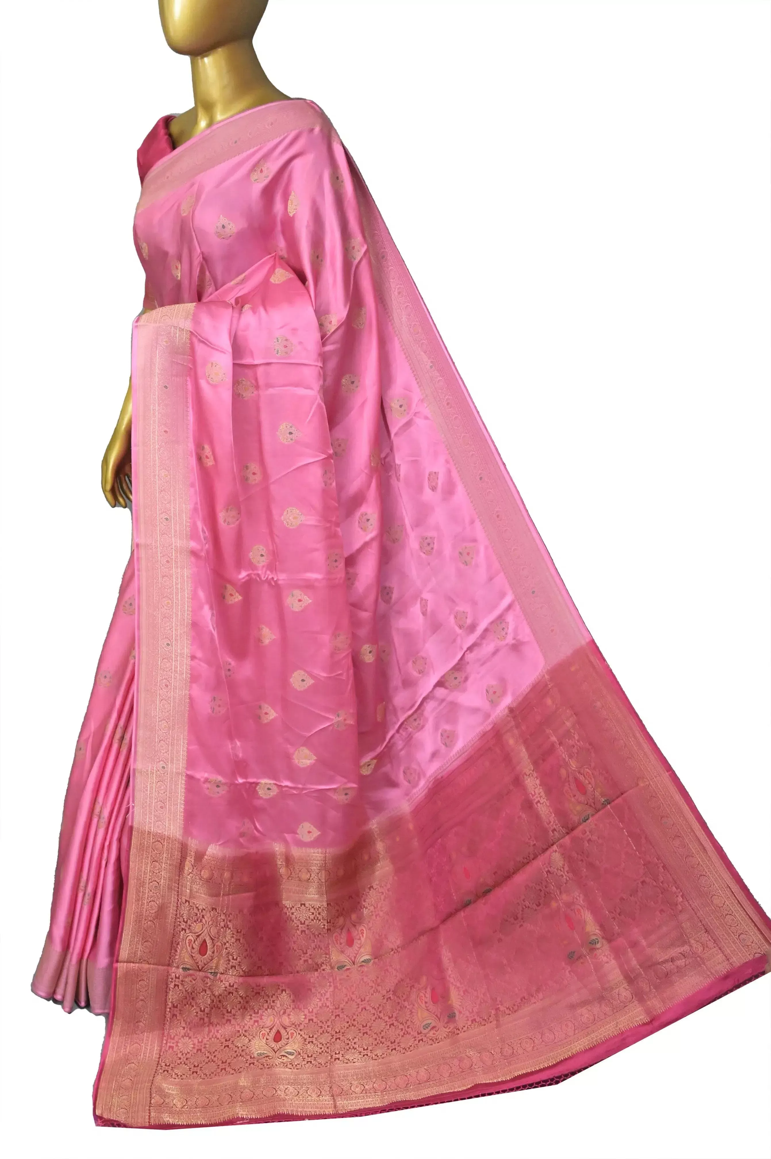 Pink Color Satin Banarasi Saree with Allover Meenakari Buti Work