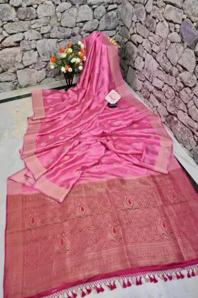 Pink Color Satin Banarasi Saree with Allover Meenakari Buti Work