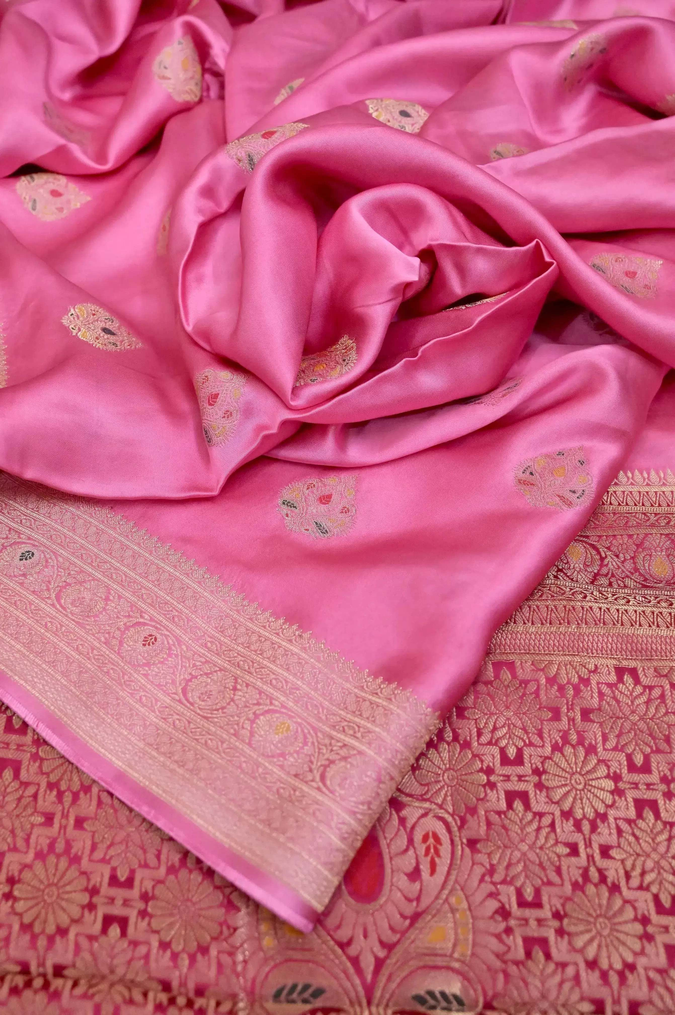 Pink Color Satin Banarasi Saree with Allover Meenakari Buti Work