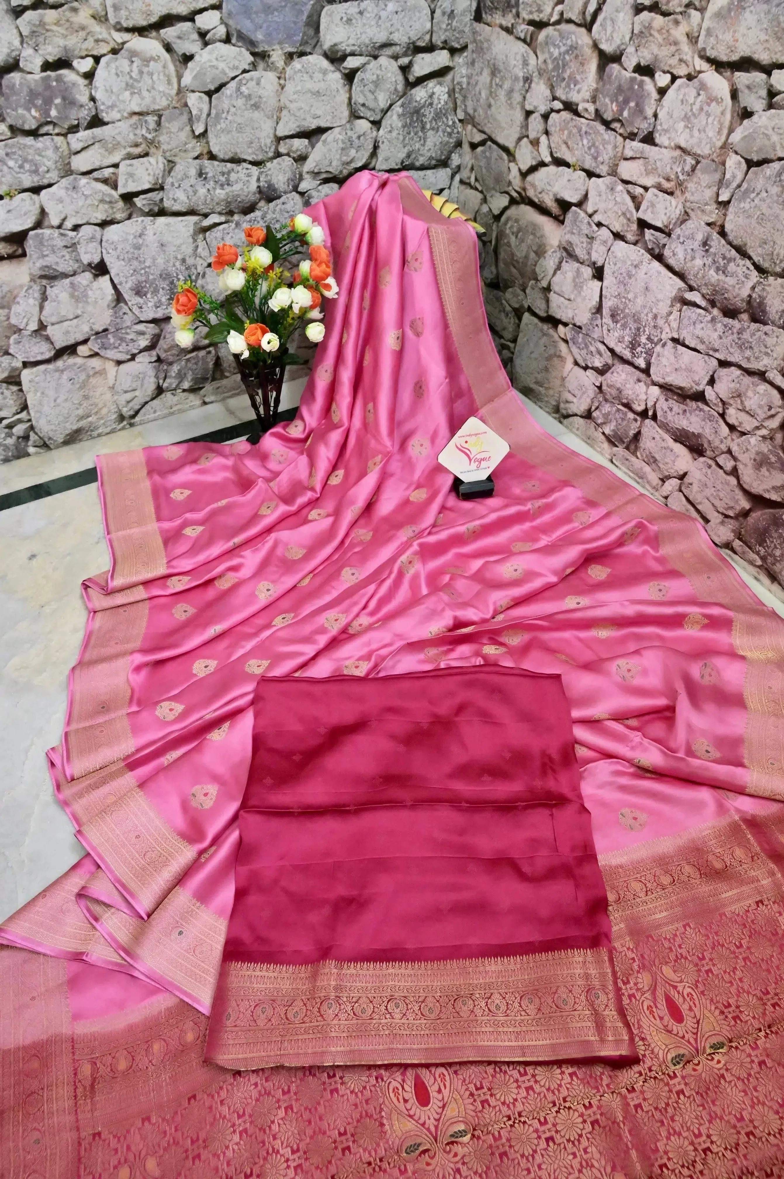 Pink Color Satin Banarasi Saree with Allover Meenakari Buti Work