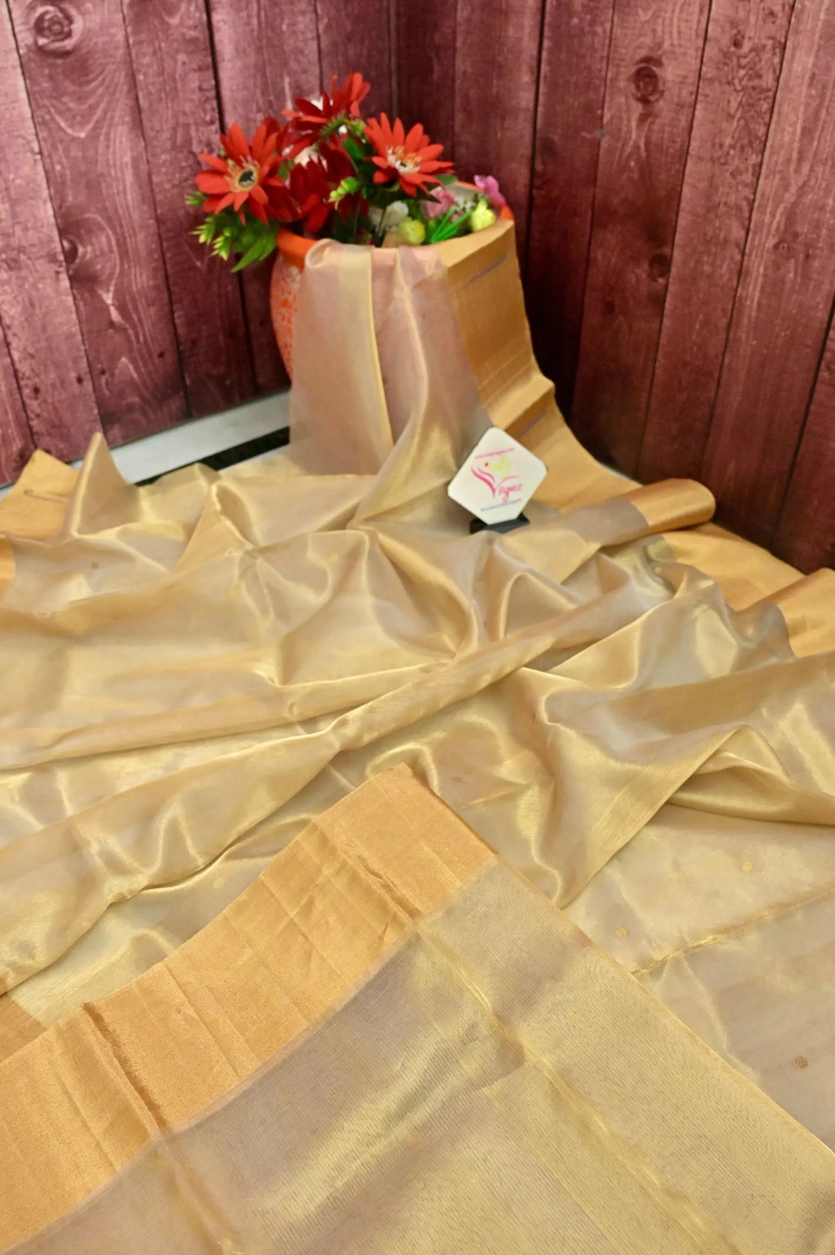 Pure Golden Color Tissue Chanderi Saree with Paithani Style Border and Golden Buti Allover