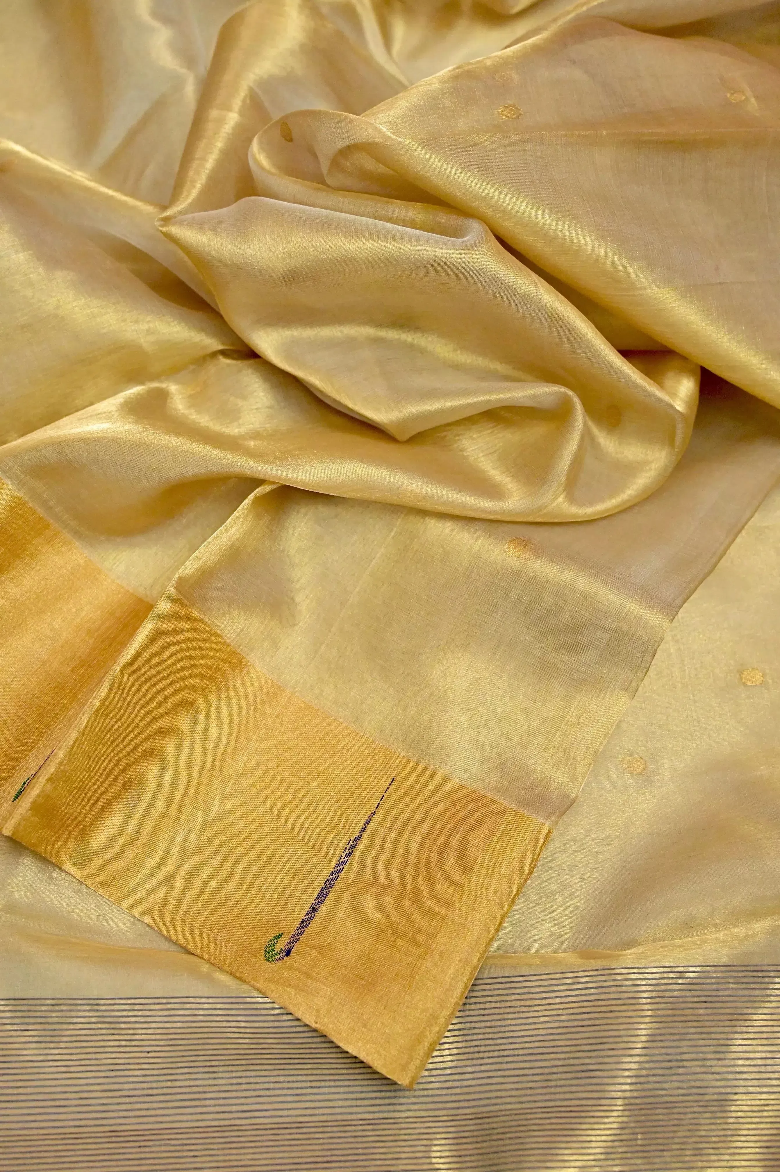 Pure Golden Color Tissue Chanderi Saree with Paithani Style Border and Golden Buti Allover