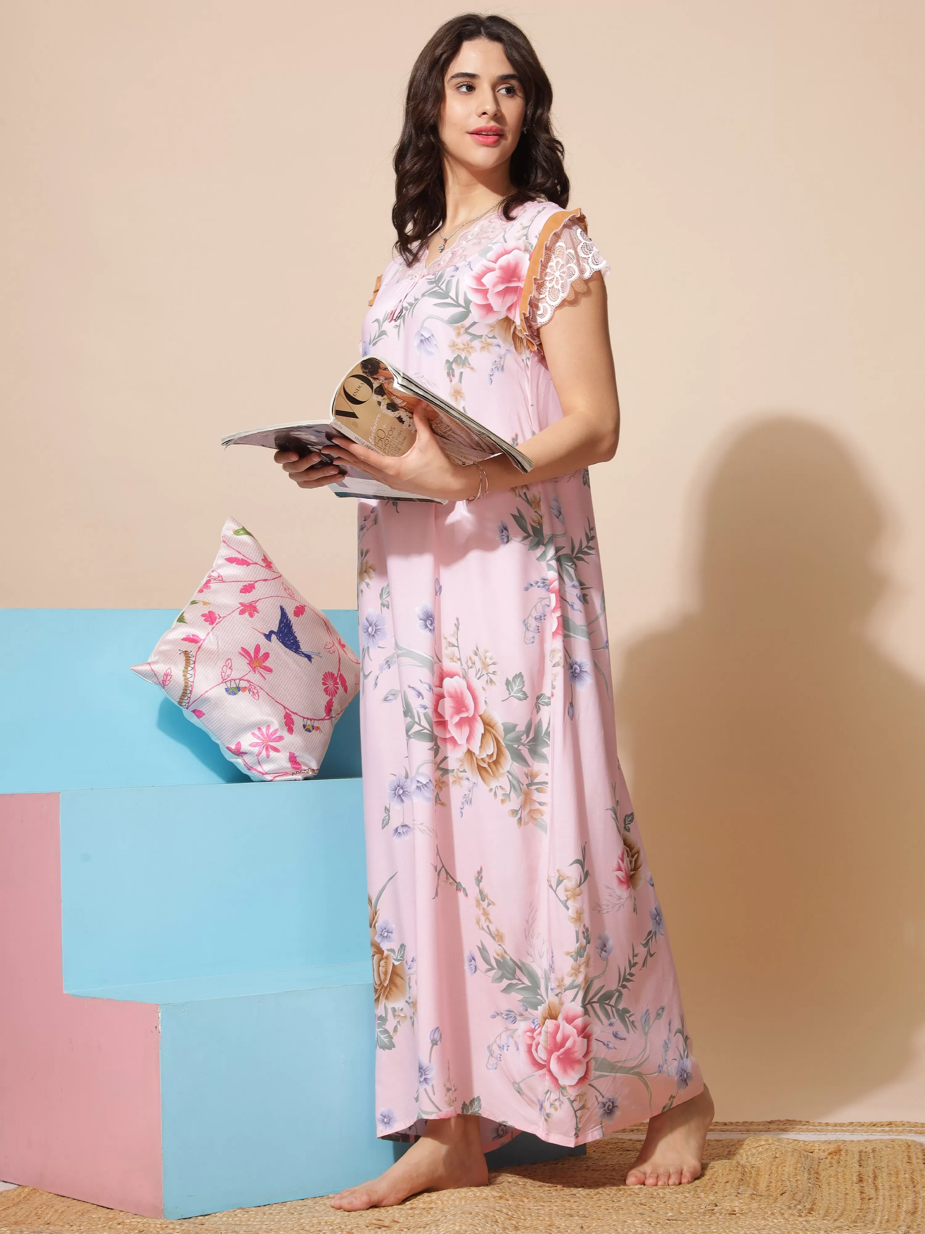 Rayon Designer Maxi Peach Nighty