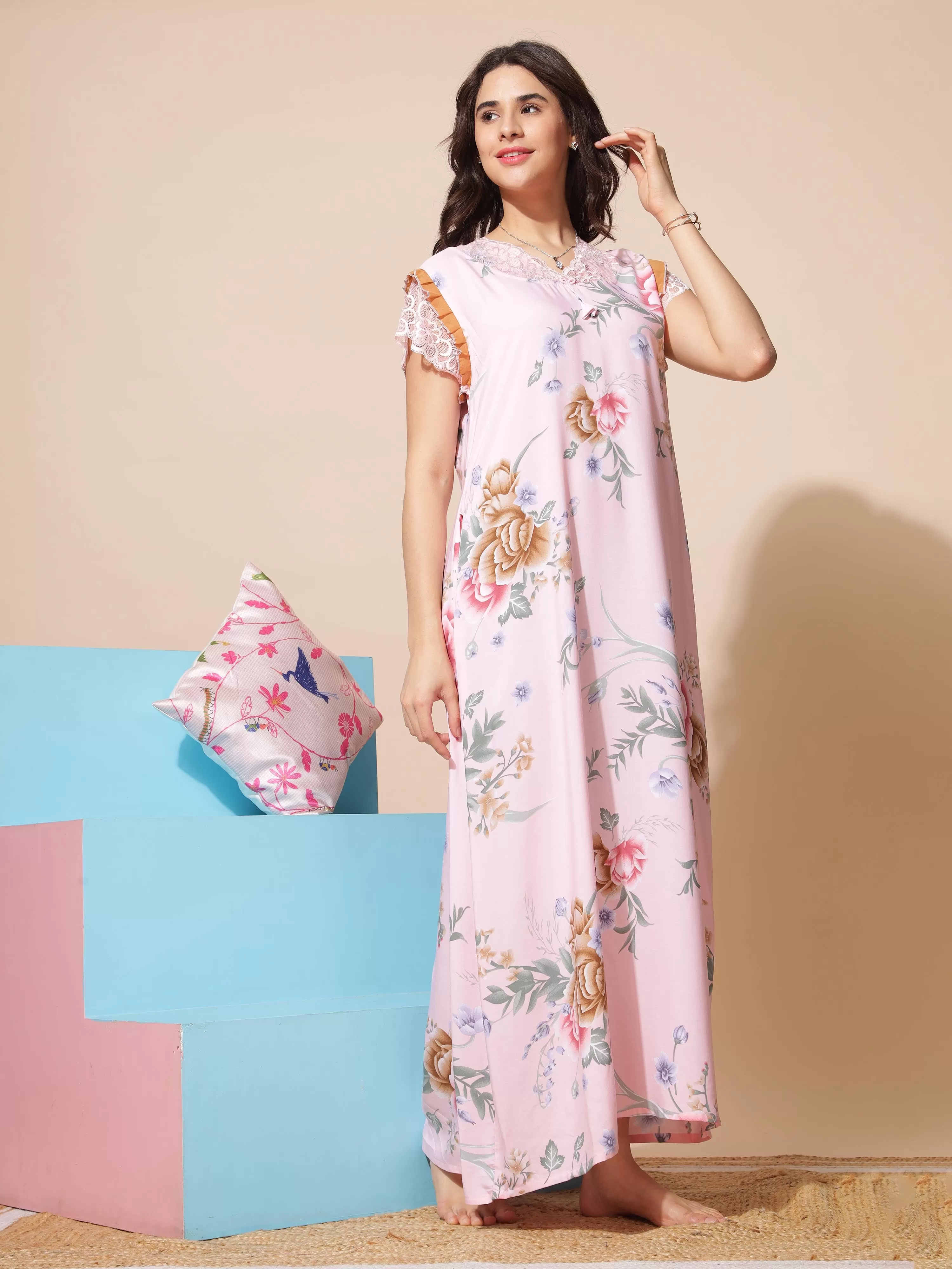 Rayon Designer Maxi Peach Nighty