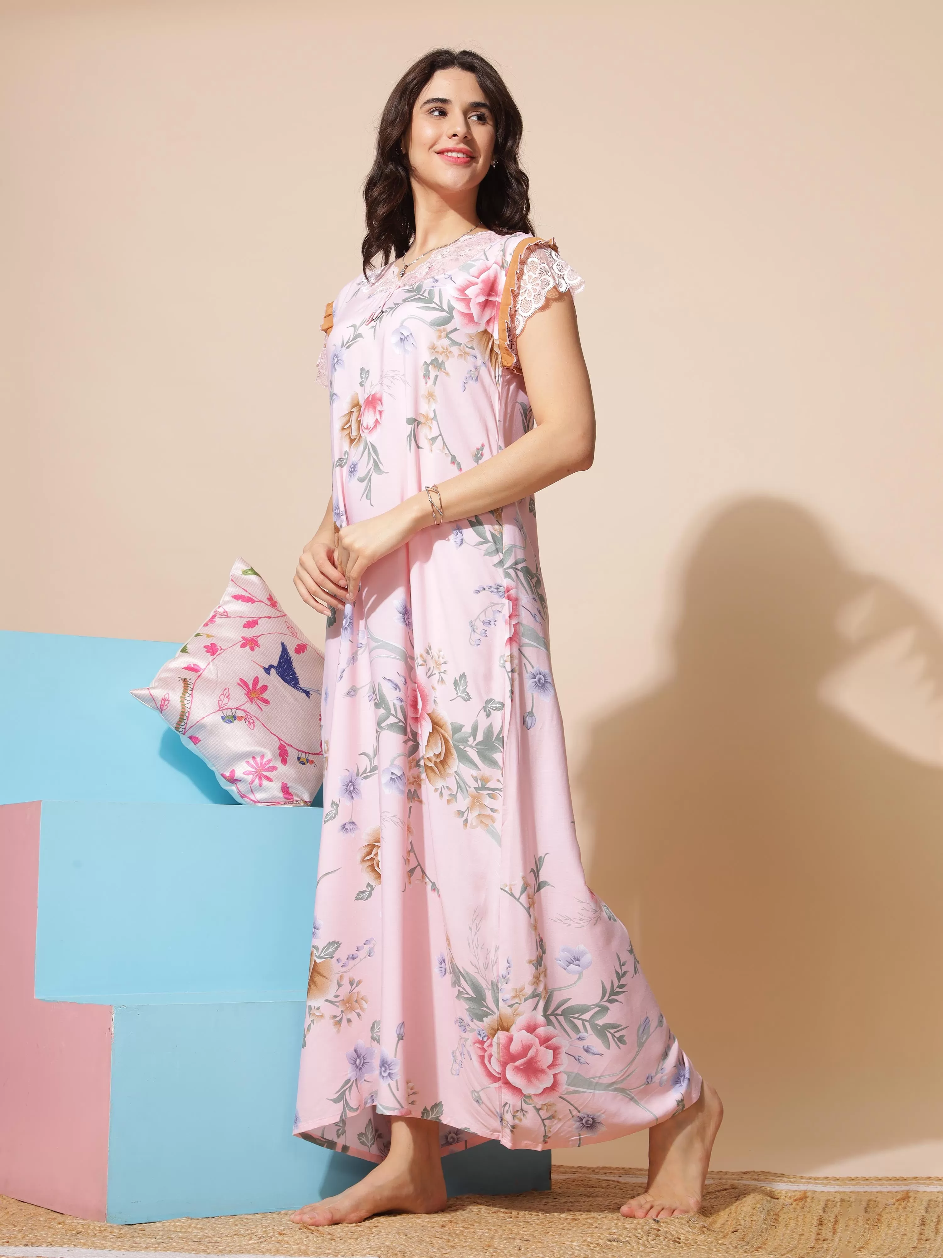 Rayon Designer Maxi Peach Nighty