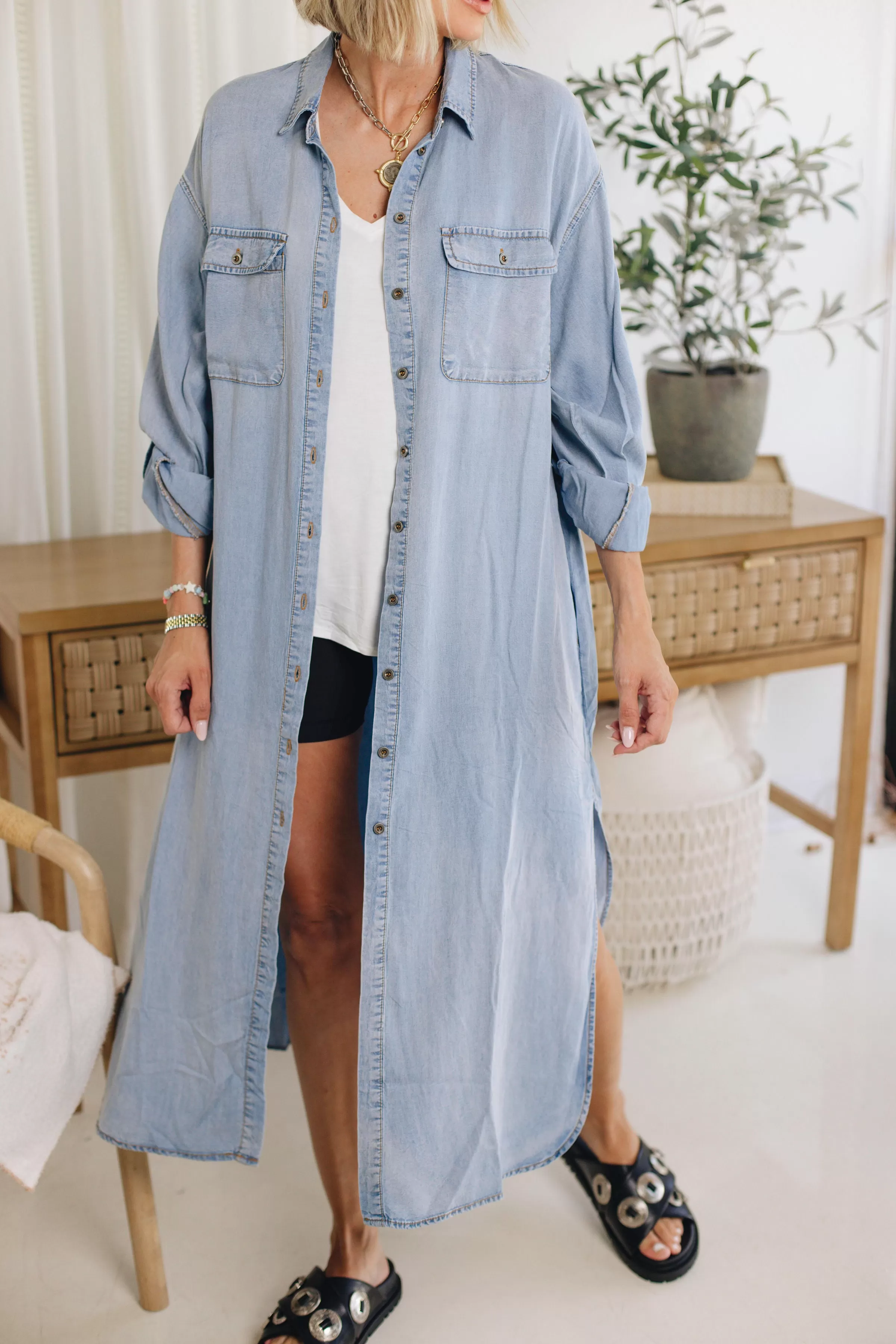 RESTOCKED! - Gigi Long Tencel Chambray Duster (S-3XL)