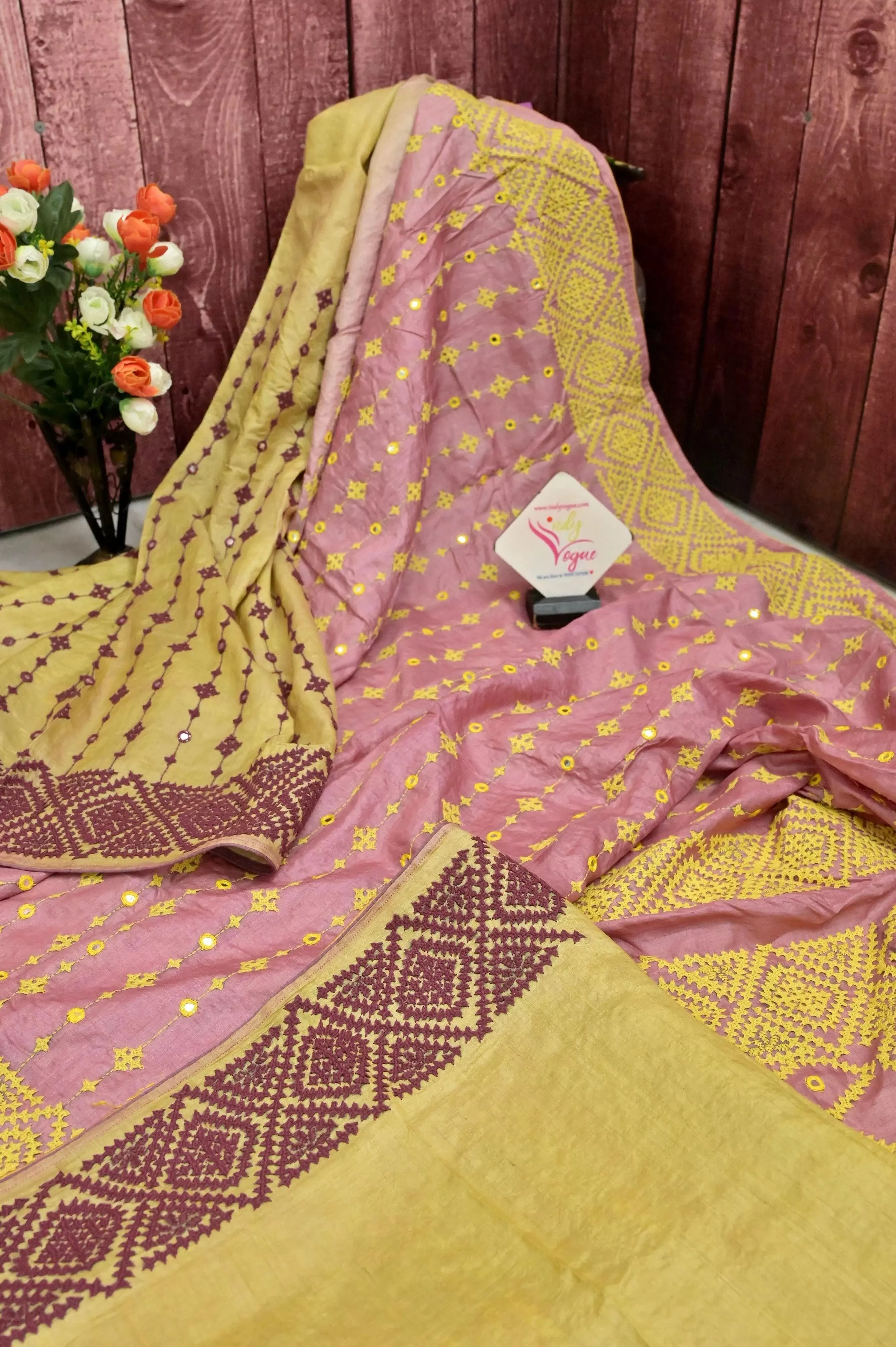 Rustic Pink Color Half and Half Pure Gachi Tussar Saree with Hand Gujarati Stitch