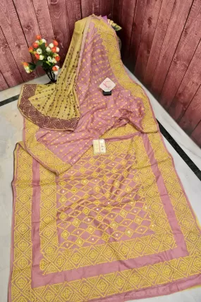 Rustic Pink Color Half and Half Pure Gachi Tussar Saree with Hand Gujarati Stitch