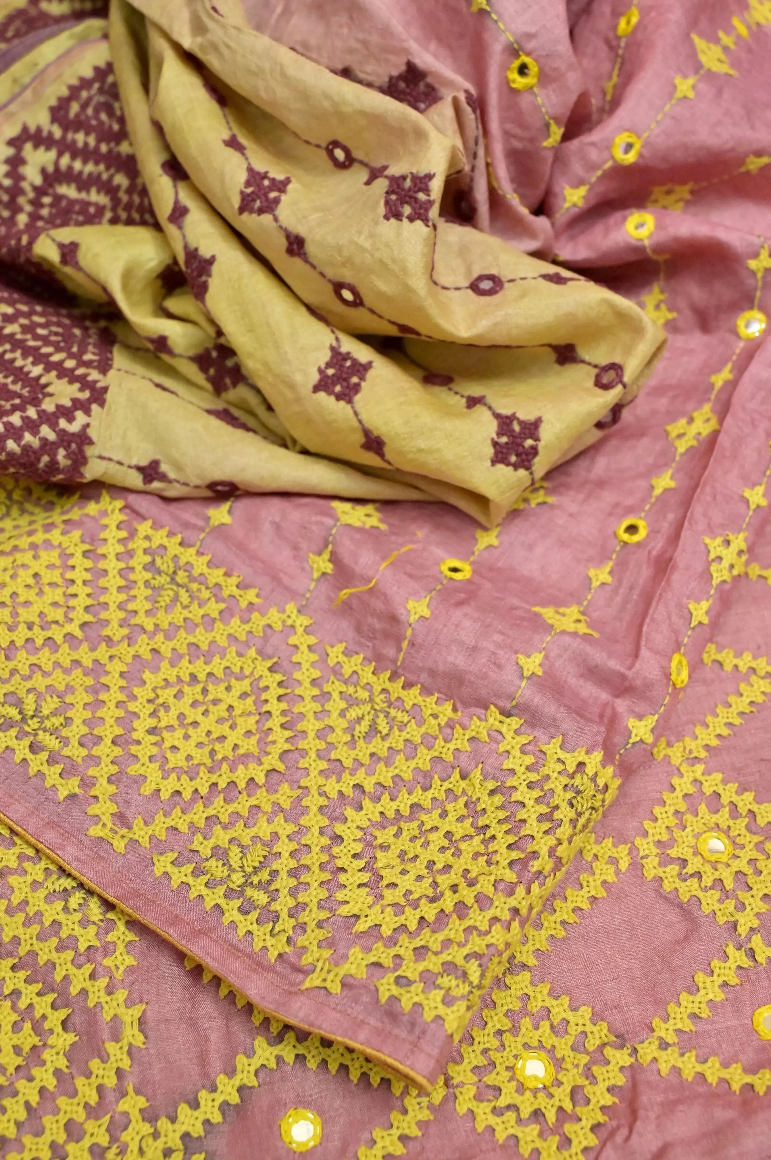 Rustic Pink Color Half and Half Pure Gachi Tussar Saree with Hand Gujarati Stitch