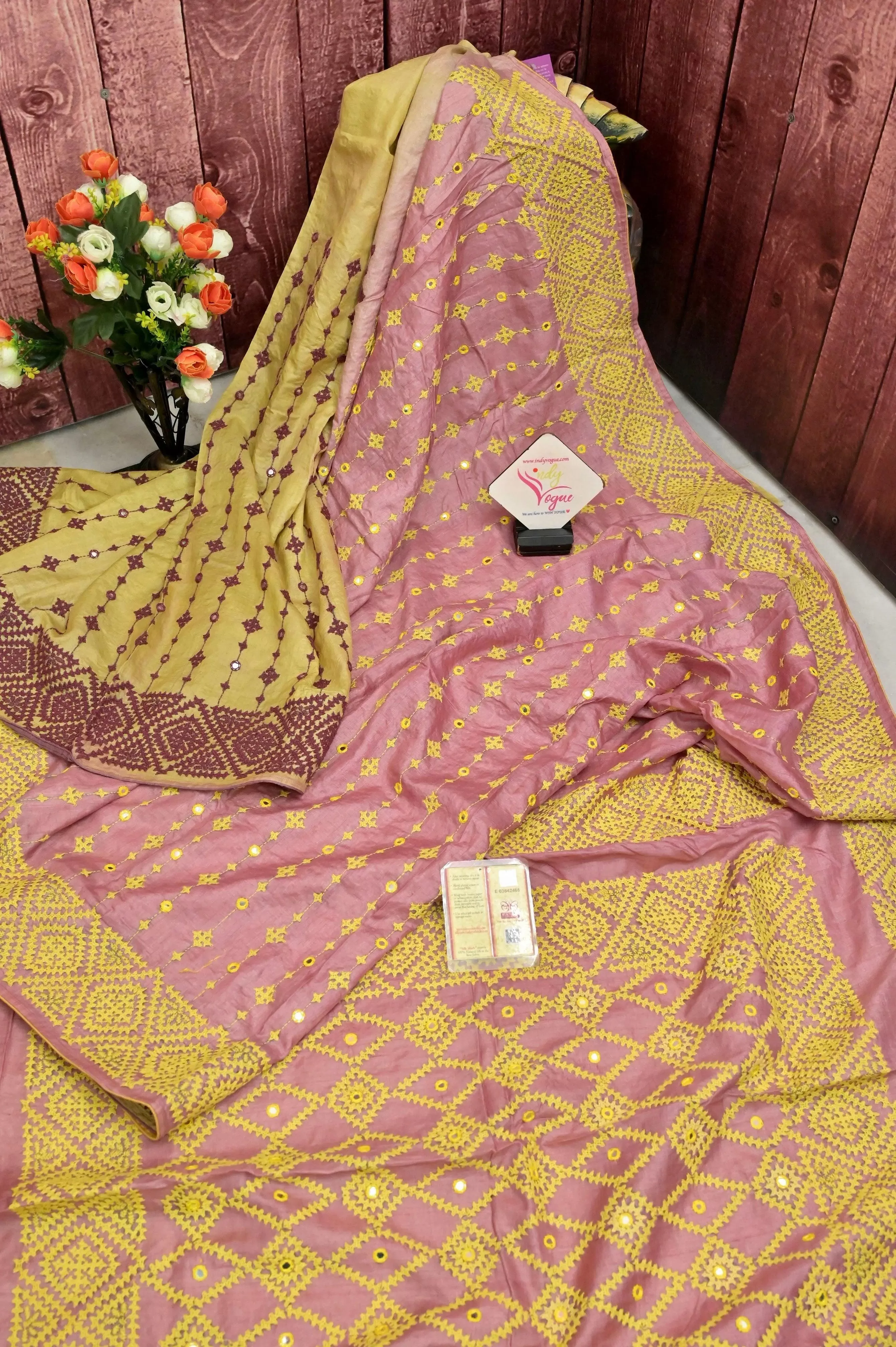 Rustic Pink Color Half and Half Pure Gachi Tussar Saree with Hand Gujarati Stitch