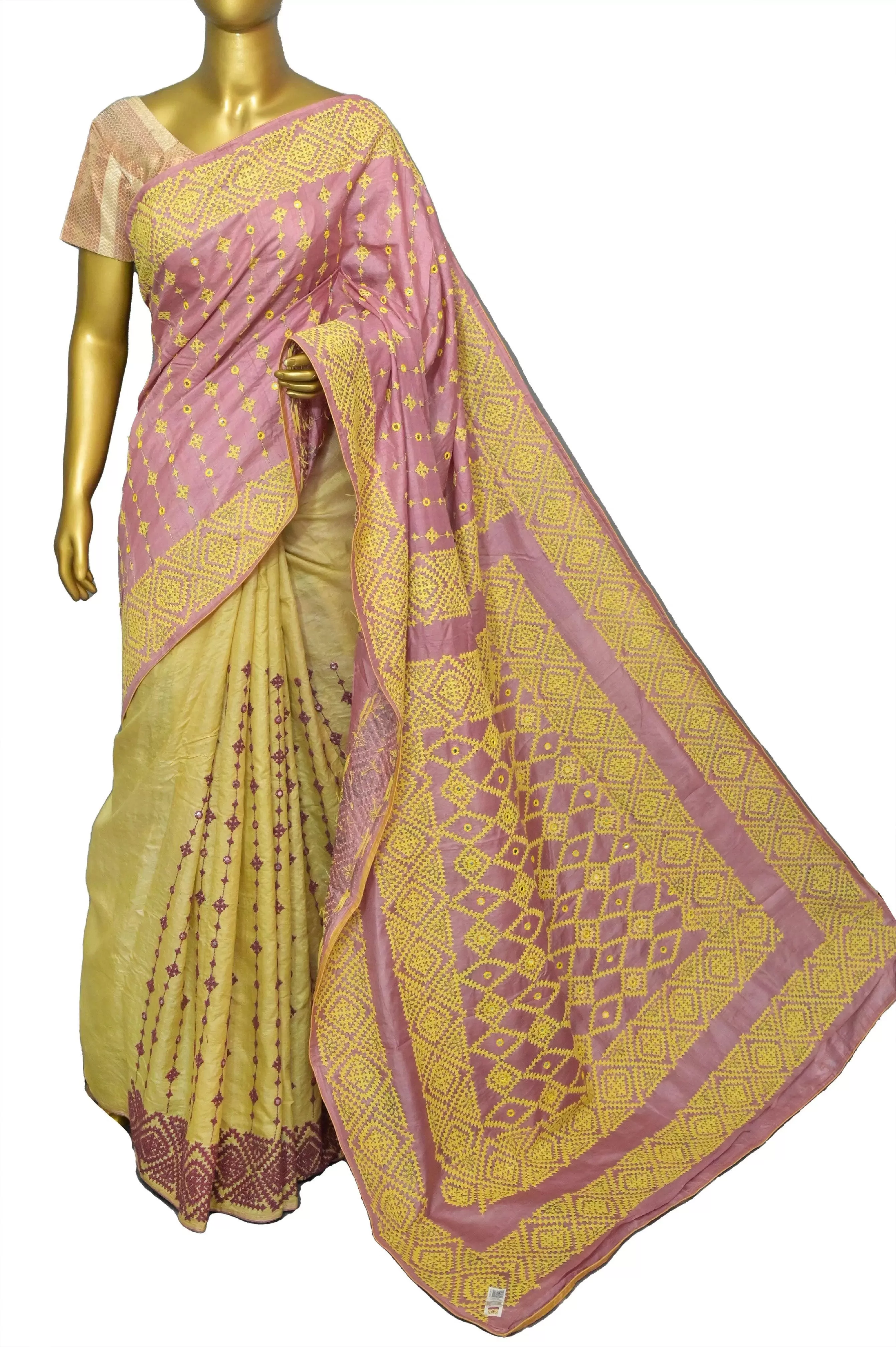 Rustic Pink Color Half and Half Pure Gachi Tussar Saree with Hand Gujarati Stitch