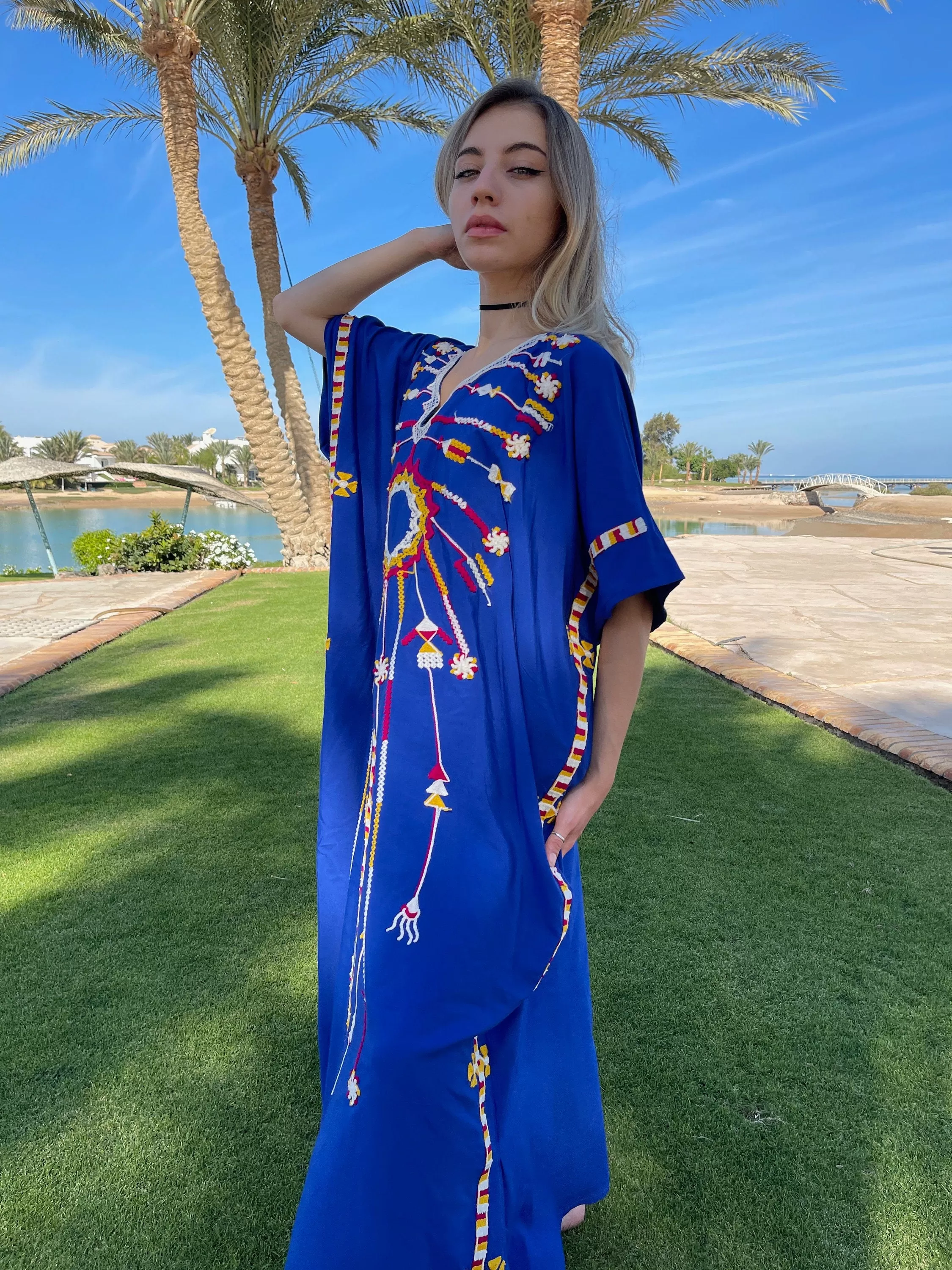 Siwa embroidered blue cotton caftan, short embroidered kaftan, chic caftan, Summer Kaftan, Egyptian cotton Caftans for women, cotton caftan