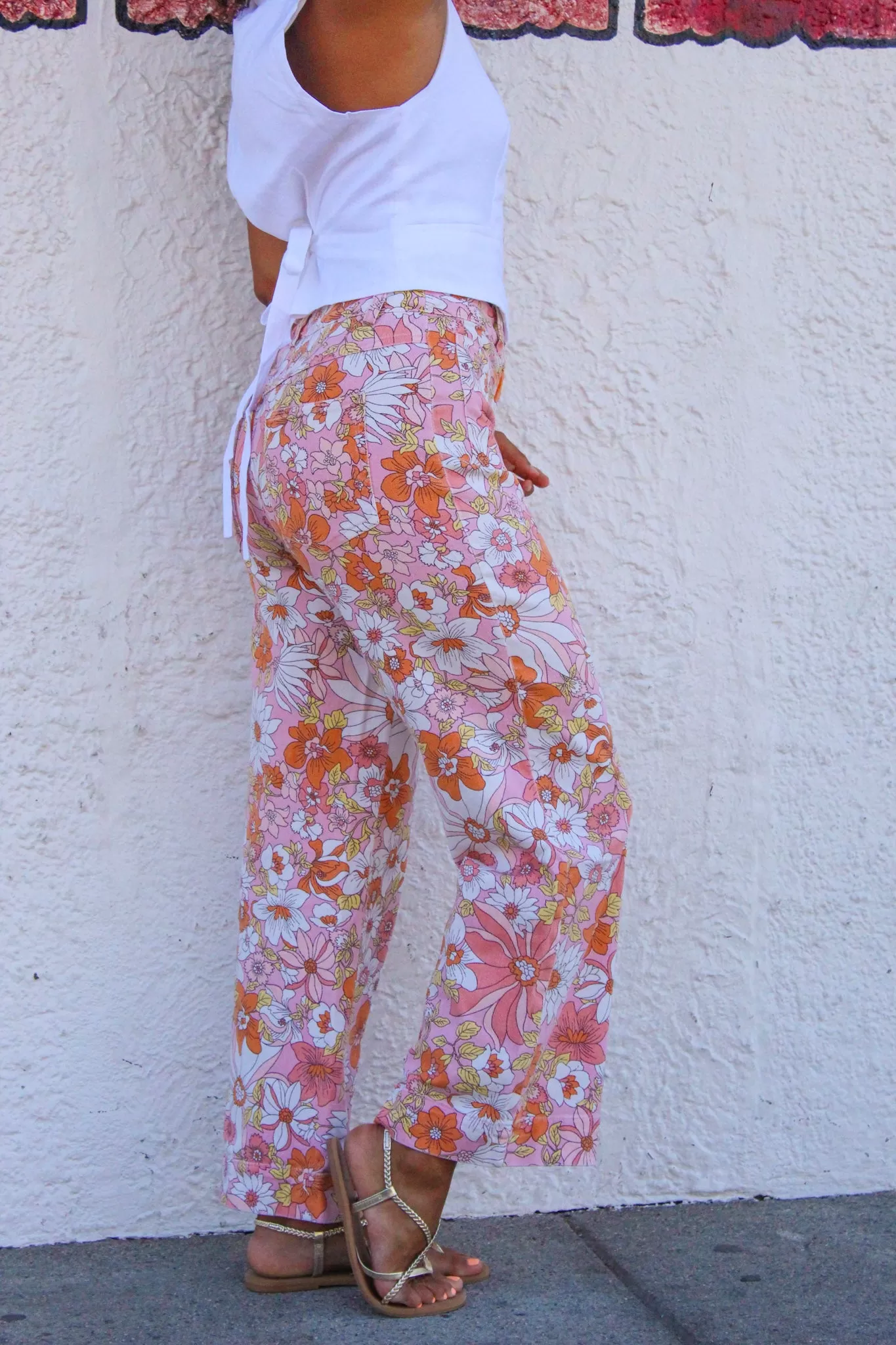 Summer Elixir Floral Wide Leg Denim Pant - Peach/Multi