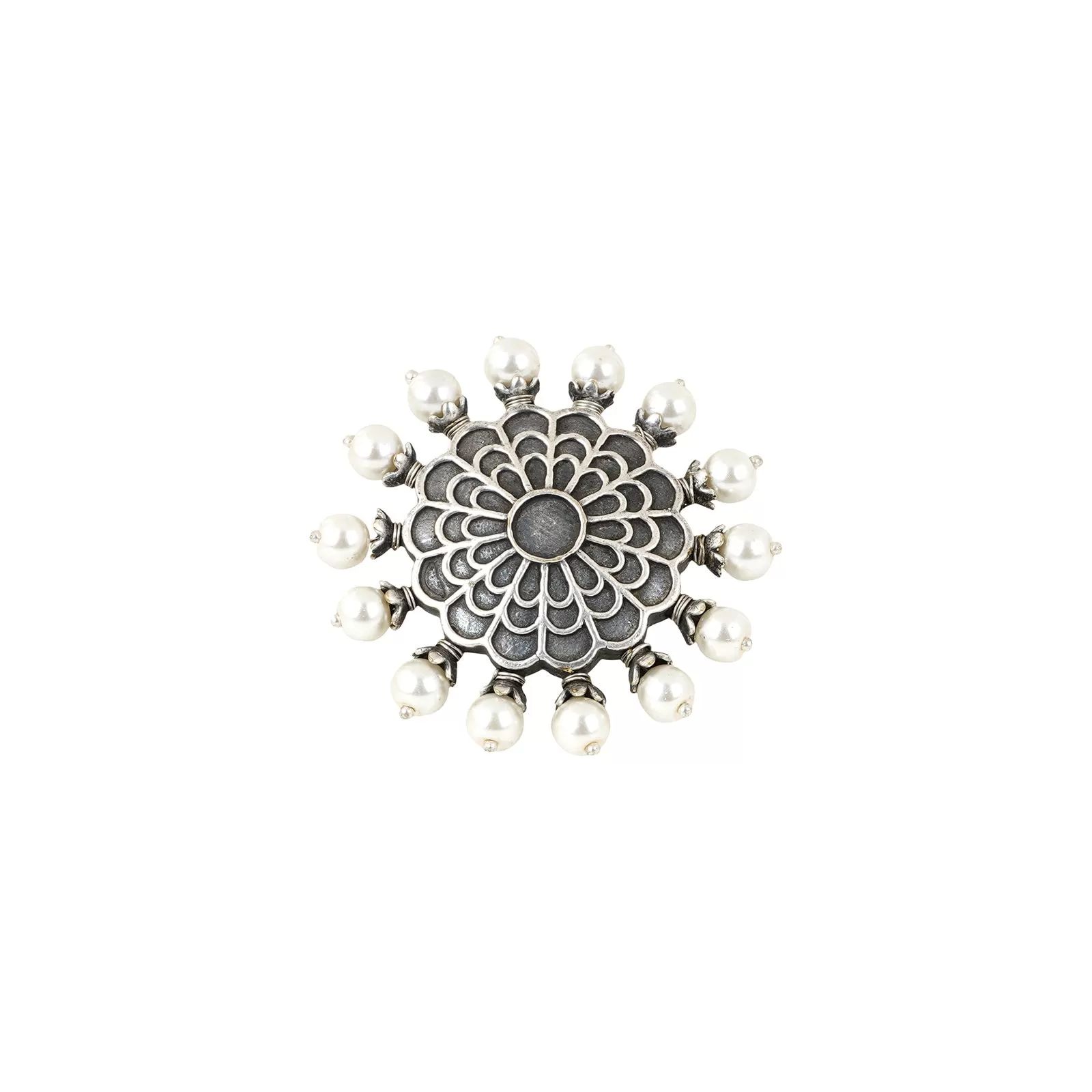 Teejh Suvanshi Floral Pearl Silver Oxidised Ring