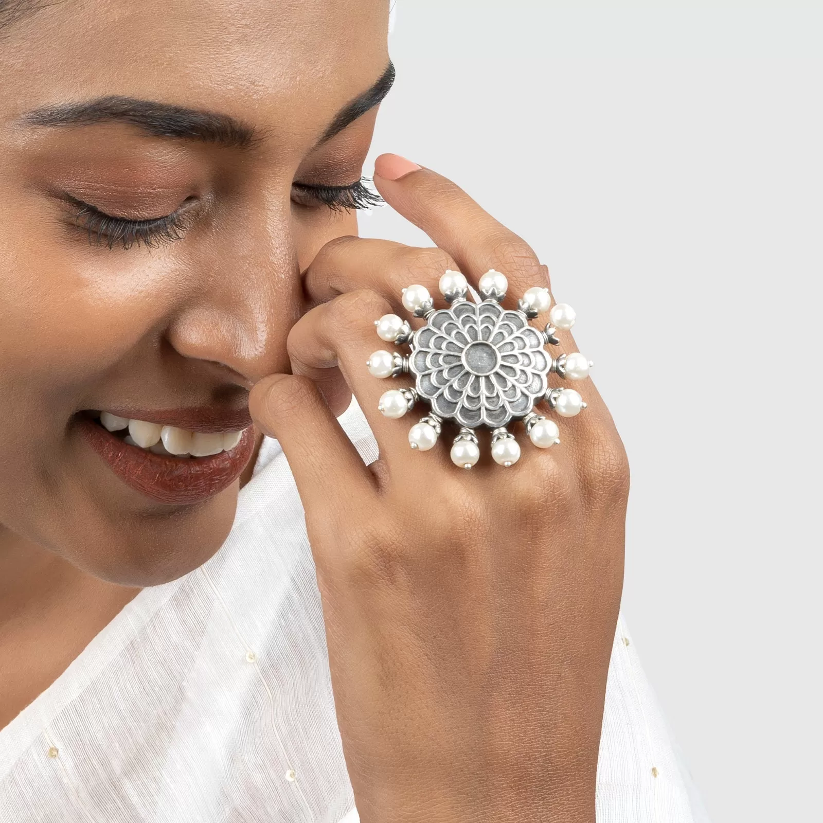 Teejh Suvanshi Floral Pearl Silver Oxidised Ring